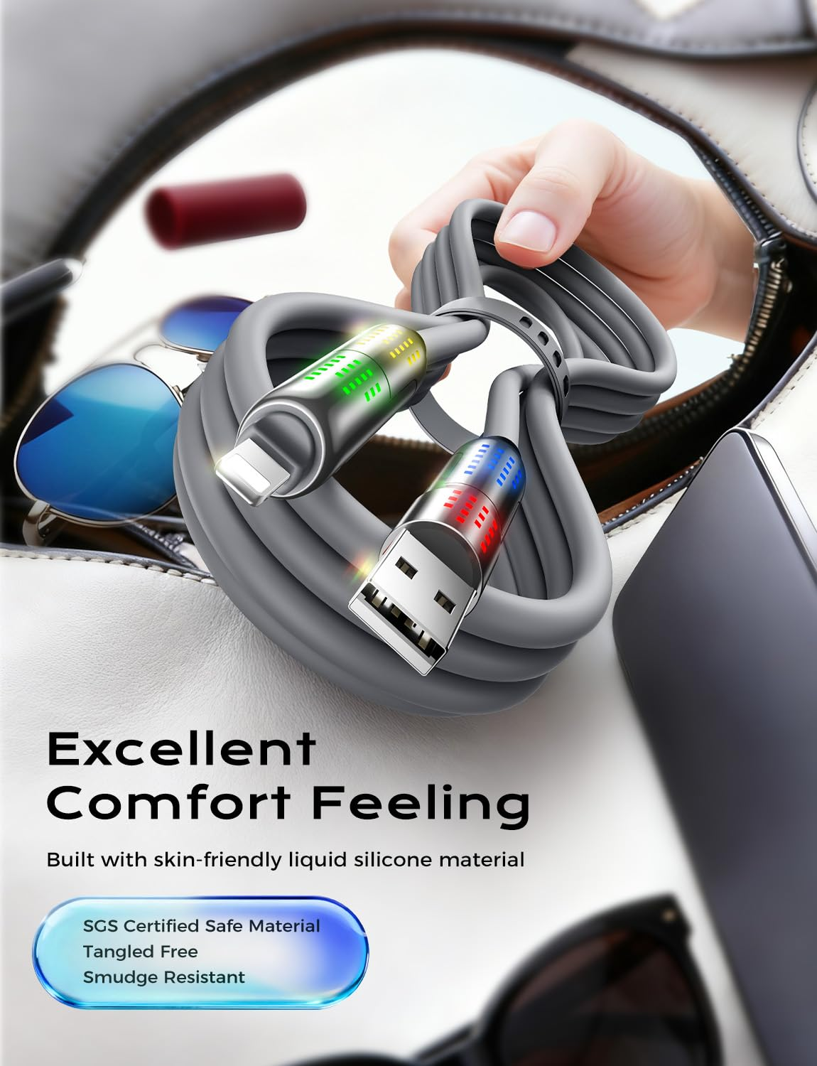 MAGIC JOHN 240W 4 in 1 USB C Cable, USB Charging Cable with Breathing Light, Fast Charging & Data Sync Silicone Multi Charging Cable for Iphone Ipad Samsung Laptop Multi Device Charging, 1.2M (Gray) image number 4