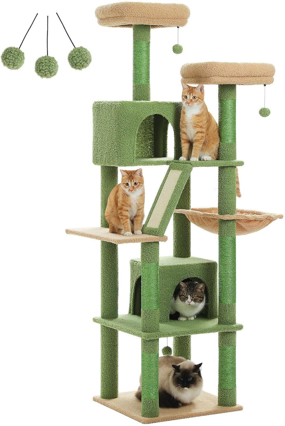 PAWZ Road 180Cm Large Cat Tree for Indoor Cats, Multi-Level Cat Tower Cat Scratching Post with 2 Perches, 2 Condos, Hammock and 2 Pompoms Green