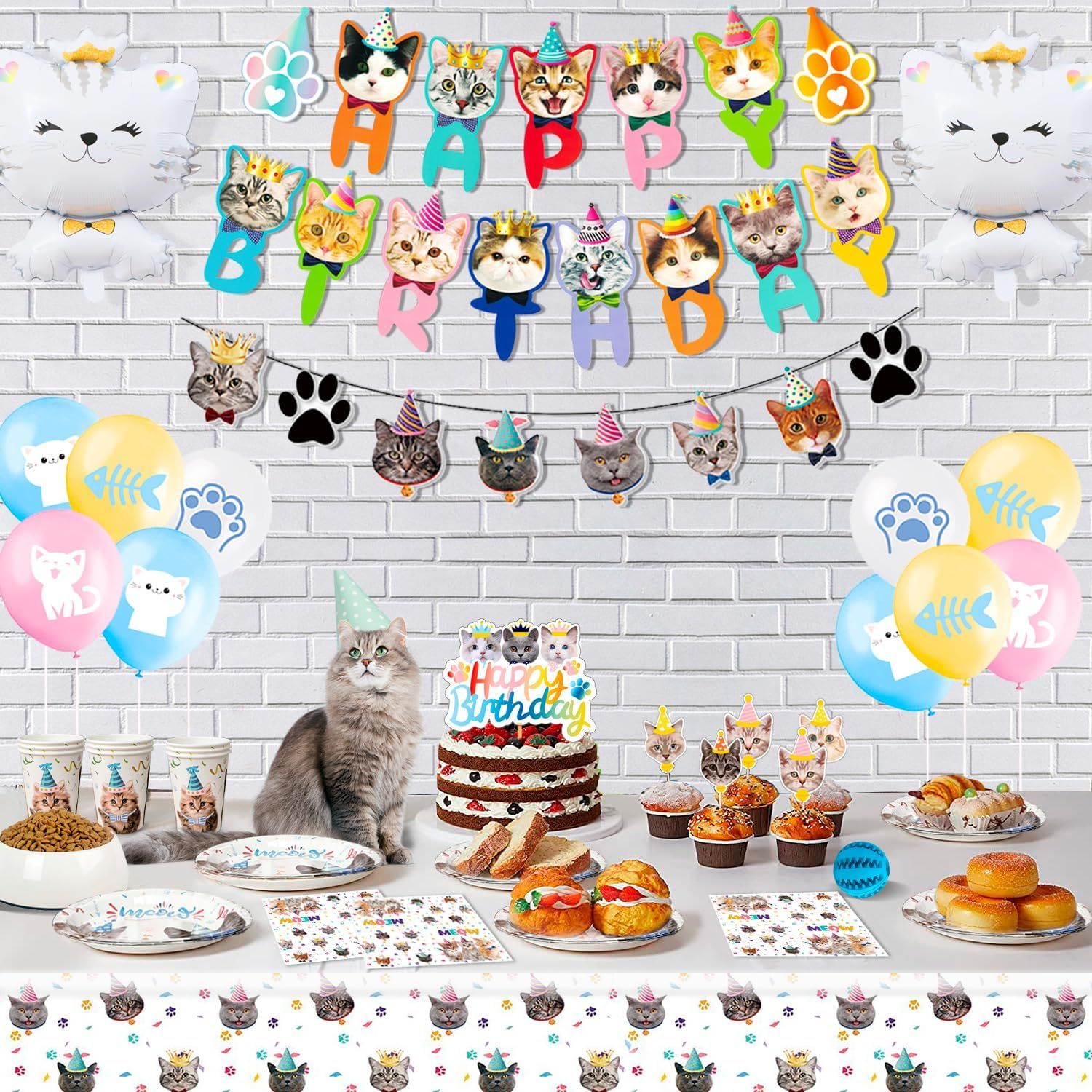 Cat Birthday Party Supplies, 16 Guests Cat Birthday Decorations Tableware Set, Kitten Party Plates Napkins Tablecloth Banner Balloons Etc image number 3