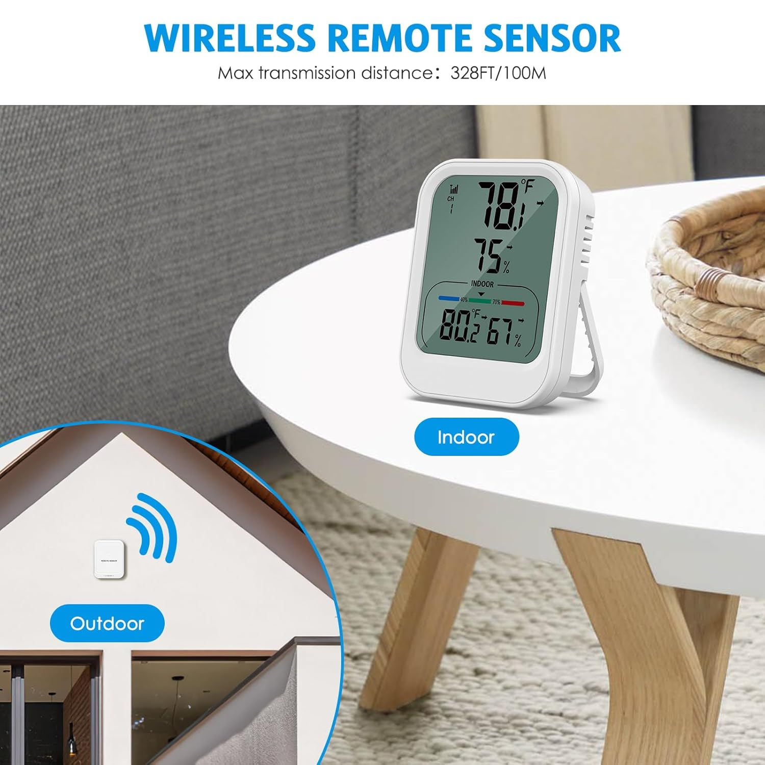 AMIR Newest Digital Hygrometer Indoor Outdoor Thermometer with LCD Backlight, Min/Max Records, Room Thermometer and Humidity Gauge with 328Ft/100M Range, ℃/℉ Switch for Home Garage Office image number 1