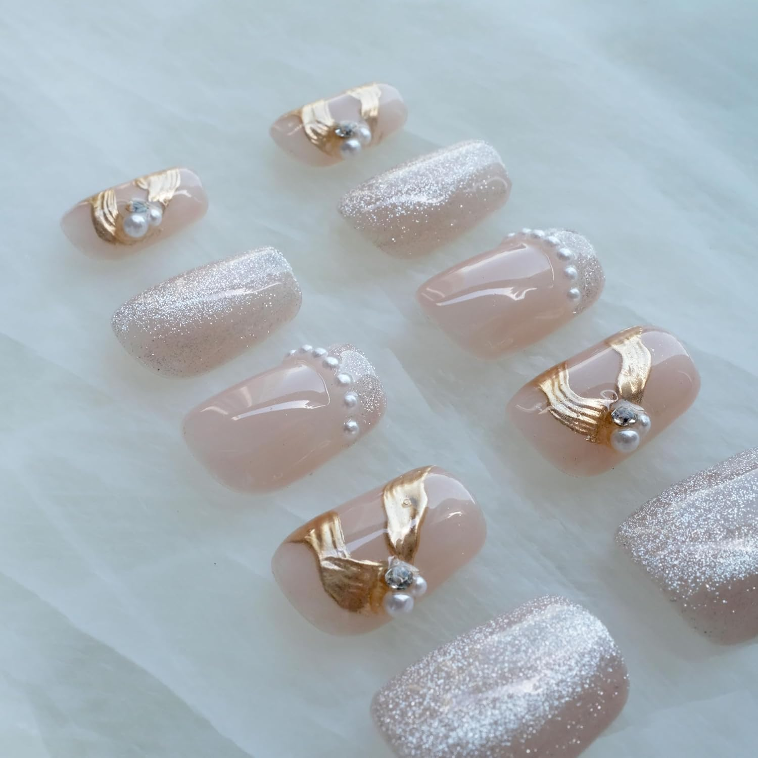 [GLORS] Purely Handmade Press on Nails | Elegant French Pink Pearl Gold Fake False Nail | Salon Quality in Short Square Shape, 10 Pieces (Small, SS) image number 7