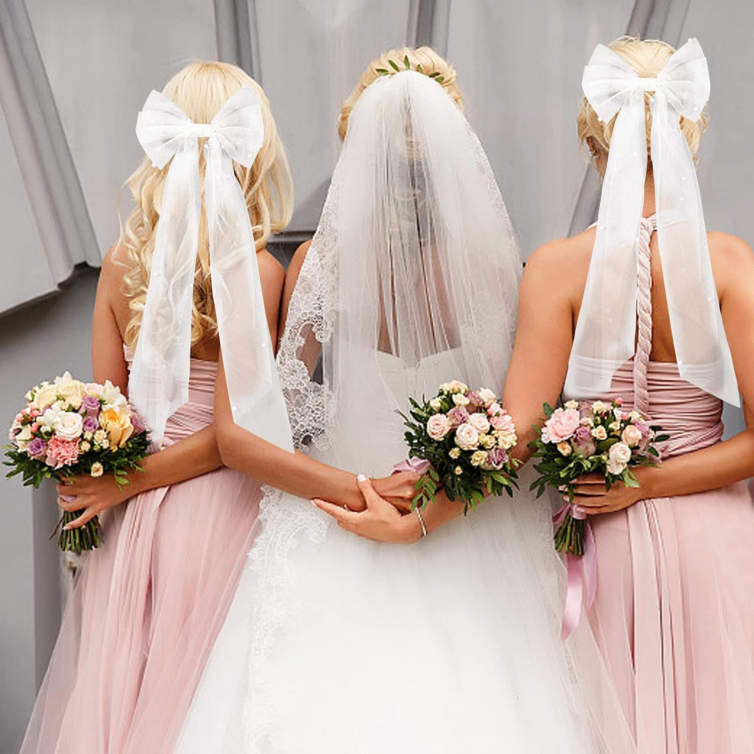 Kuskins White Bridal Hair Bow Veil with Pearl - Large Bride Hair Clip Accessories for Bachelorette Party, Bridal Shower, Wedding & Bach Party Decorations (Elegant Bridal Gift) image number 4