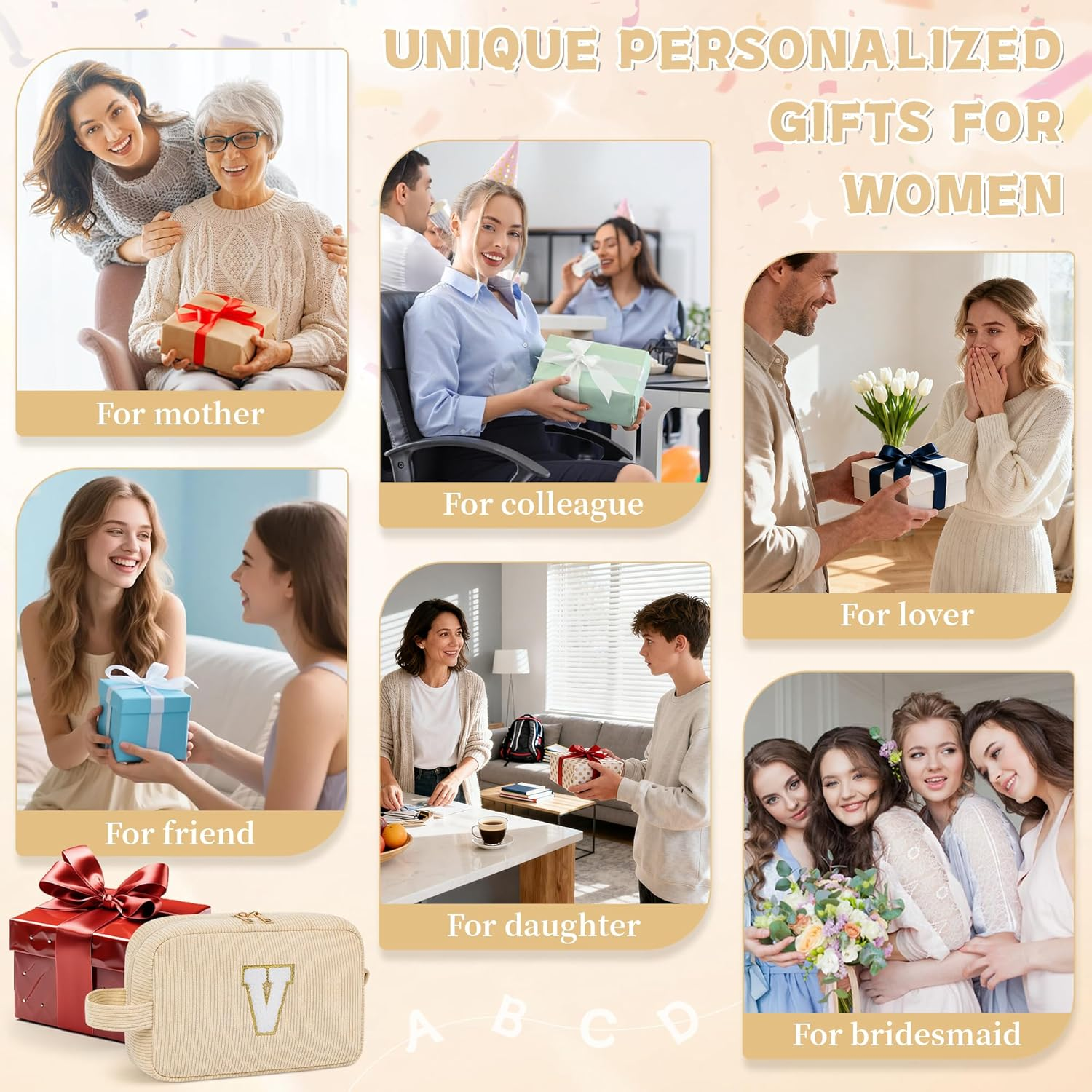 WELIDAY Personalized Initial Makeup Bag, Travel Chenille Patch Cosmetic Bag, Preppy Corduroy Toiletry Bag Monogram Cosmetic Pouch with Zipper, Ideal Gift for Teen Girls Women (Ivory White, V) image number 4