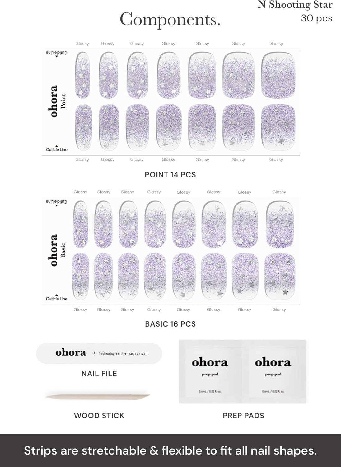Ohora Semi Cured Gel Nail Strips (N Shooting Star) - Purple, Glitter, Works with UV/LED Lamps, Salon-Quality, Long Lasting, Easy to Apply & Remove - Includes 2 Prep Pads, Nail File & Wooden Stick image number 1