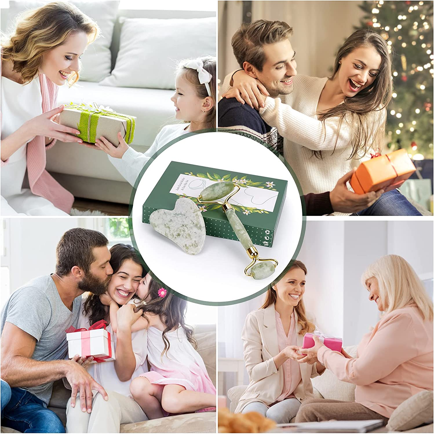 Gua Sha Stone & Jade Roller Gift Set, Anti-Aging Natural Facial Roller Jade Gua Sha Set, Beauty Face Roller for Rejuvenate Skin & Remove Wrinkles (Light Green Set) image number 1