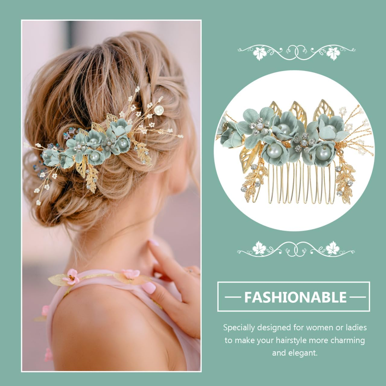 Hemobllo Side Hair Clips with Flowers for the Bride: Alloy Headpiece with Rhinestones and Flowers for Wedding Brides Hair Comb Wedding Prom Birthday Party image number 5