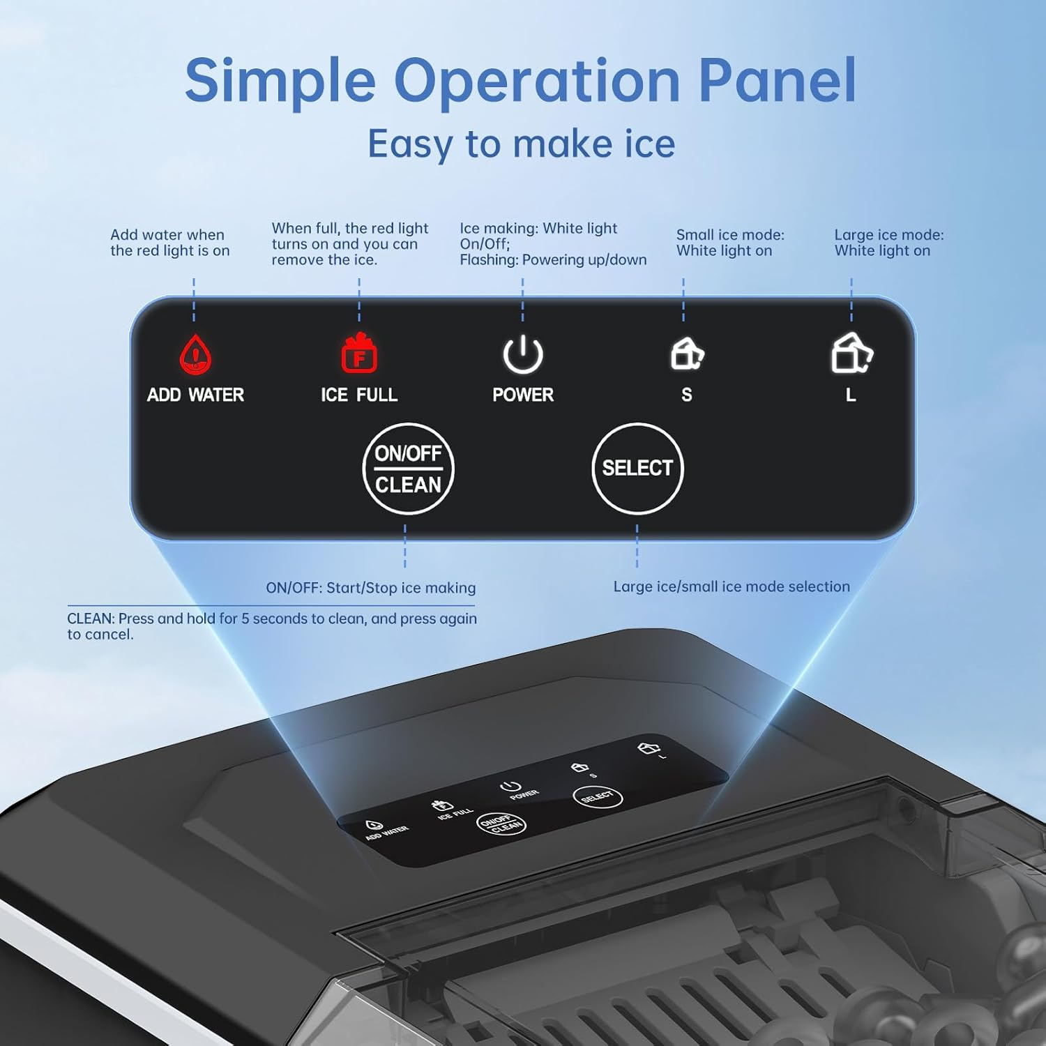 WIE Ice Maker Portable Ice Machine 12Kg/24H with Self-Cleaning, 9 Ice Cubes 2 Sizes Ready in 6 Mins, Ice Maker with Handle, Quiet with Basket and Scoop, 1.3L Water Tank for Home,Kitchen,Office,Camping image number 5