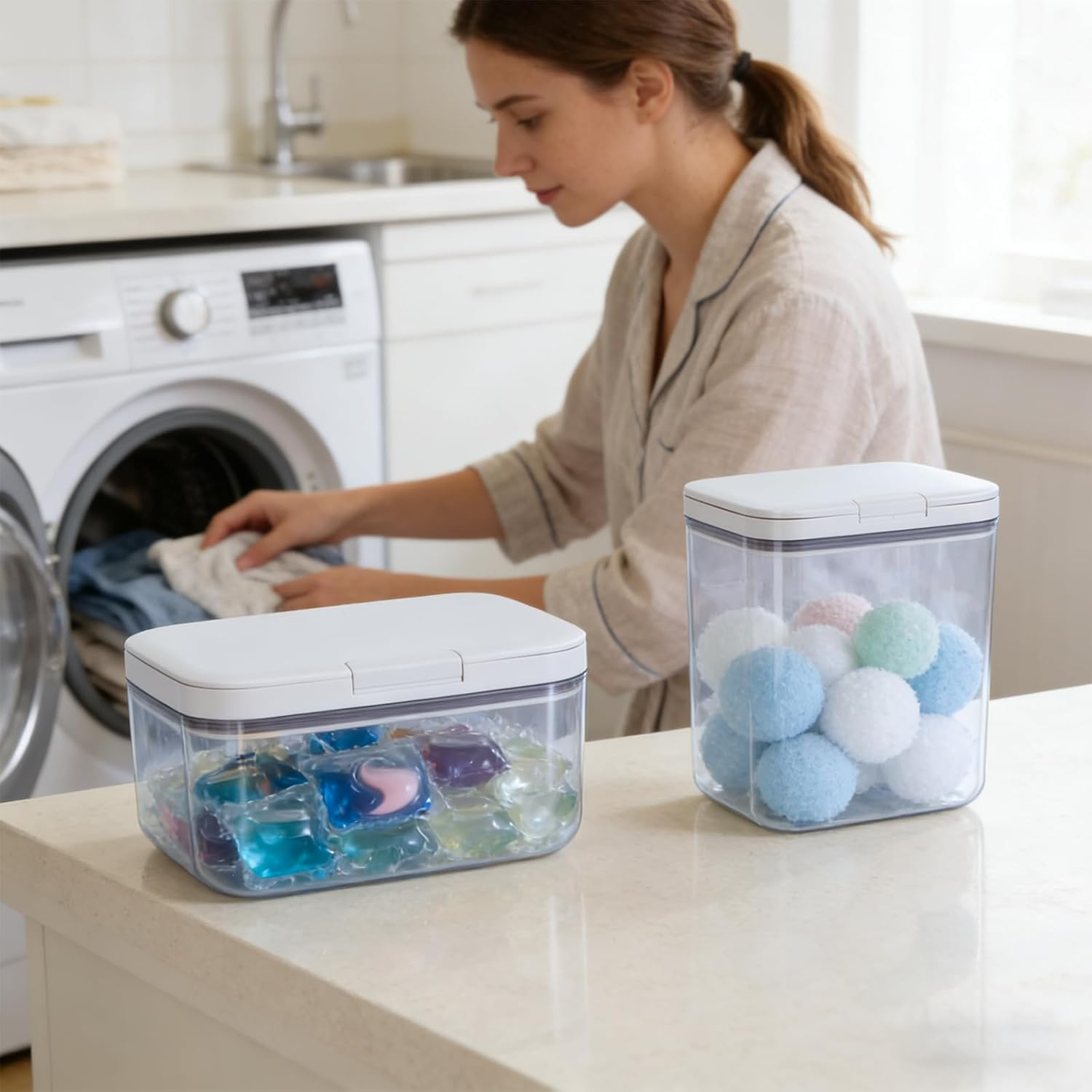 VINATO Set of 2 Laundry Detergent Storage with Lid, Storage Box Made of PET Plastic, Laundry Pods Container Set, Organiser for Detergent, Laundry Beads, Scented Beads, Flour image number 4