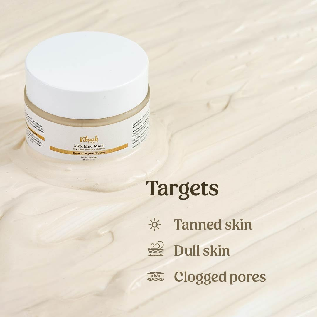 Vilvah Store Milk Mud Mask, De-Tan Pack, with Oat Milk, Saffron Extract and Kaolin Clay, Brightening and Tan Removal Cream, Sulphate Free, for All Skin Types, for Men & Women, 50Ml image number 6