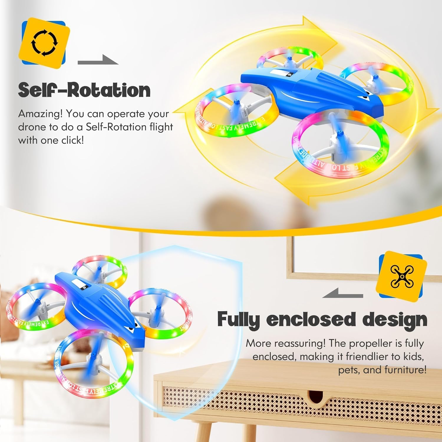 Drones Toys for Kids with Cool Light, 3D Flip, Altitude-Hold, Self-Rotation, Headless Mode, 3 Speed Modes, One-Click Take-Off/Landing, Mini Drone for Christmas, Beginners, Indoor