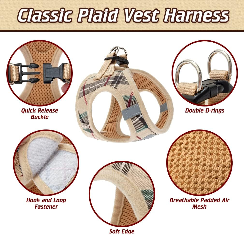 EXPAWLORER Classic Plaid Puppy Harness - Small Dog Collar and Leash - Soft Mesh Padded Adjustable Small Dog Vest Harness No Pull, Reflective Escape Proof for Outdoor Walking image number 5