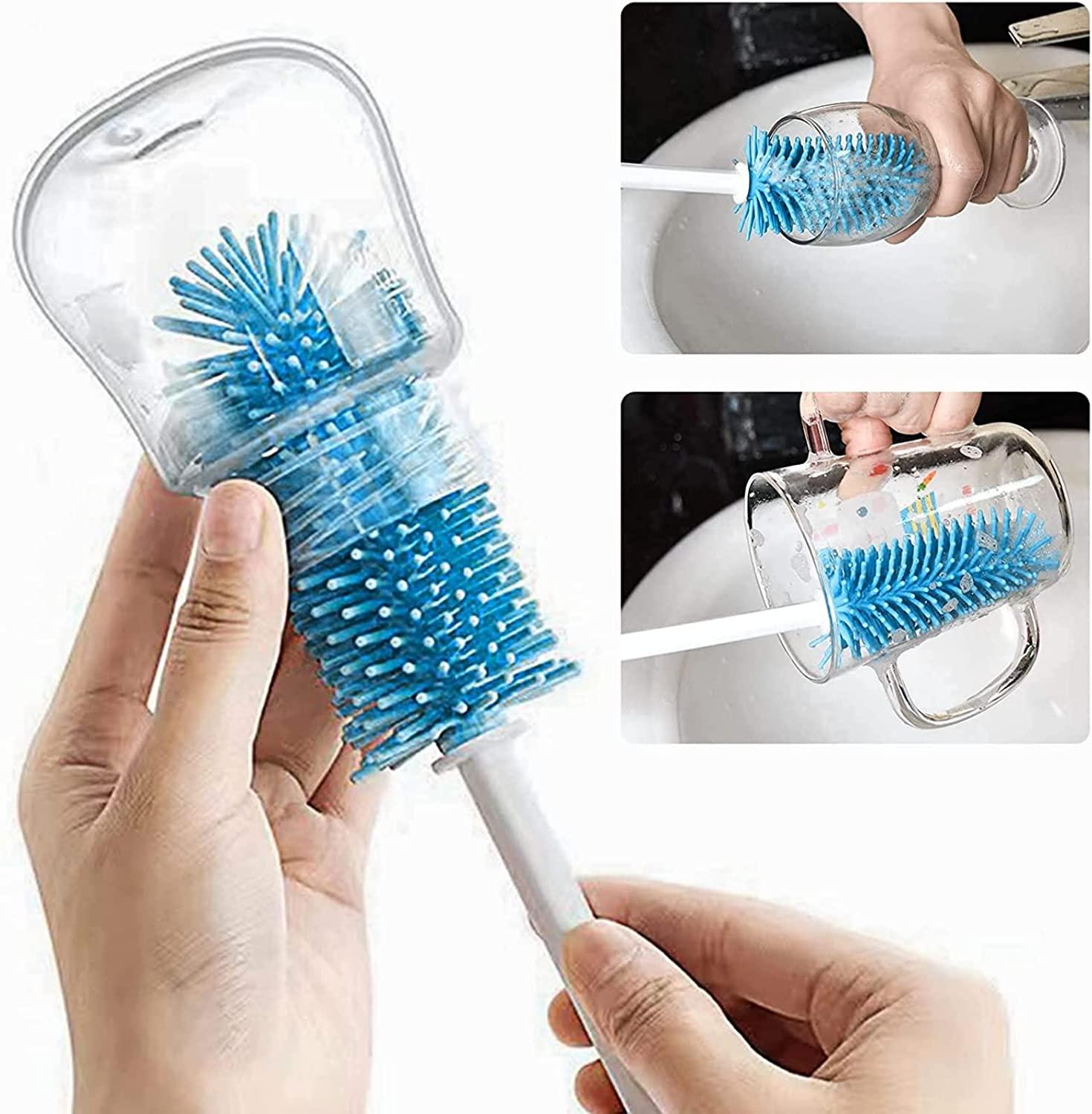 Silicone Bottle Brush Cleaner Set - 3 Pack Long Handle Brushes for Hydro Flask, Glassware, Baby Bottles, Vases, Wine Decanters, Pipes, Narrow Neck Containers - Blue image number 1