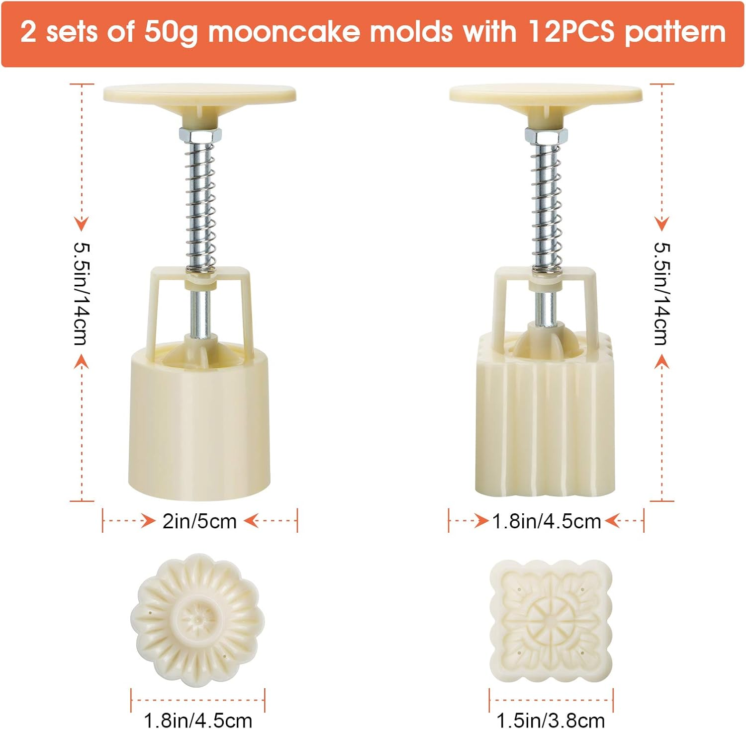 Luxiv Moon Cake Mould 50G, 12 PCS Pattern Hand-Pressure Mooncake Molds for Mid-Autumn DIY Pastry Tool 2 Sets with 6Pcs round Flower Mooncake Mode and 6 Pcs Square Pattern Mooncake Mould (White, 50G) image number 1