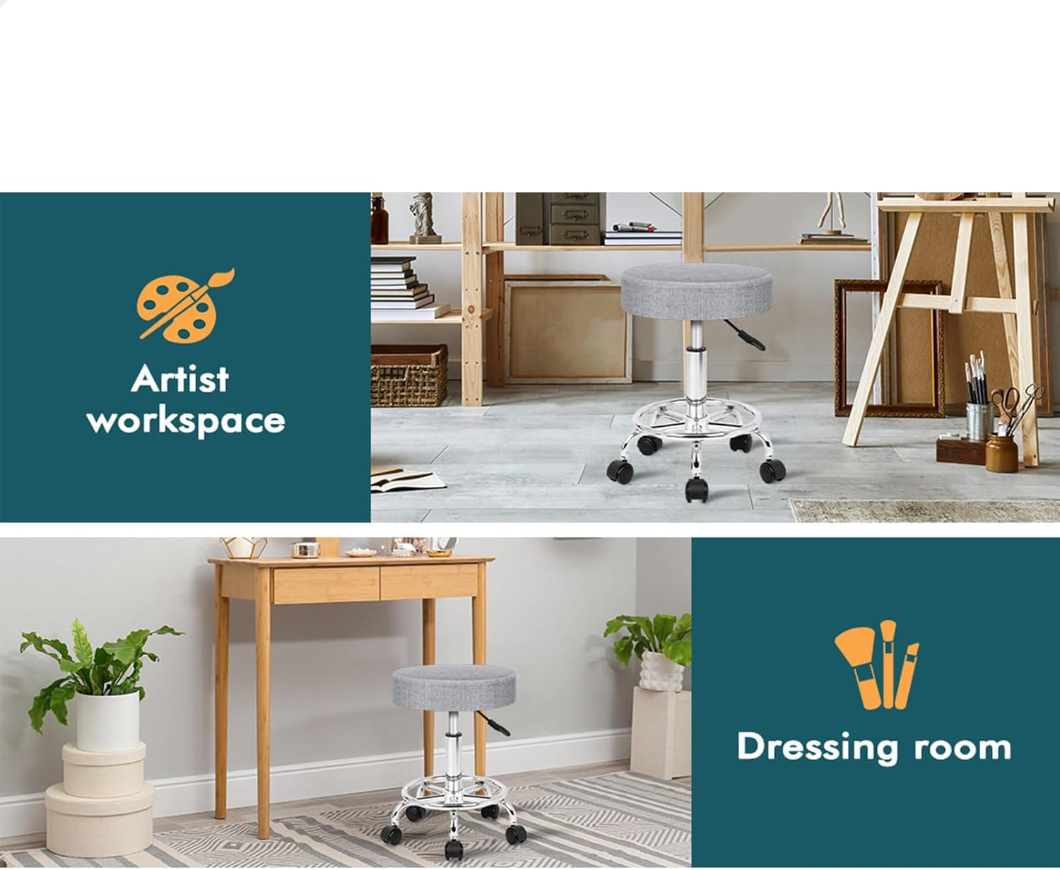 ALFORDSON Salon Stool Kori round Swivel Drafting Rolling Stools in 51.5-68.5Cm Height Adjustable Fabric Spa Stool with Footrest Wheels Backless Hair Dress Barber Chair for SPA Massage Light Grey image number 3