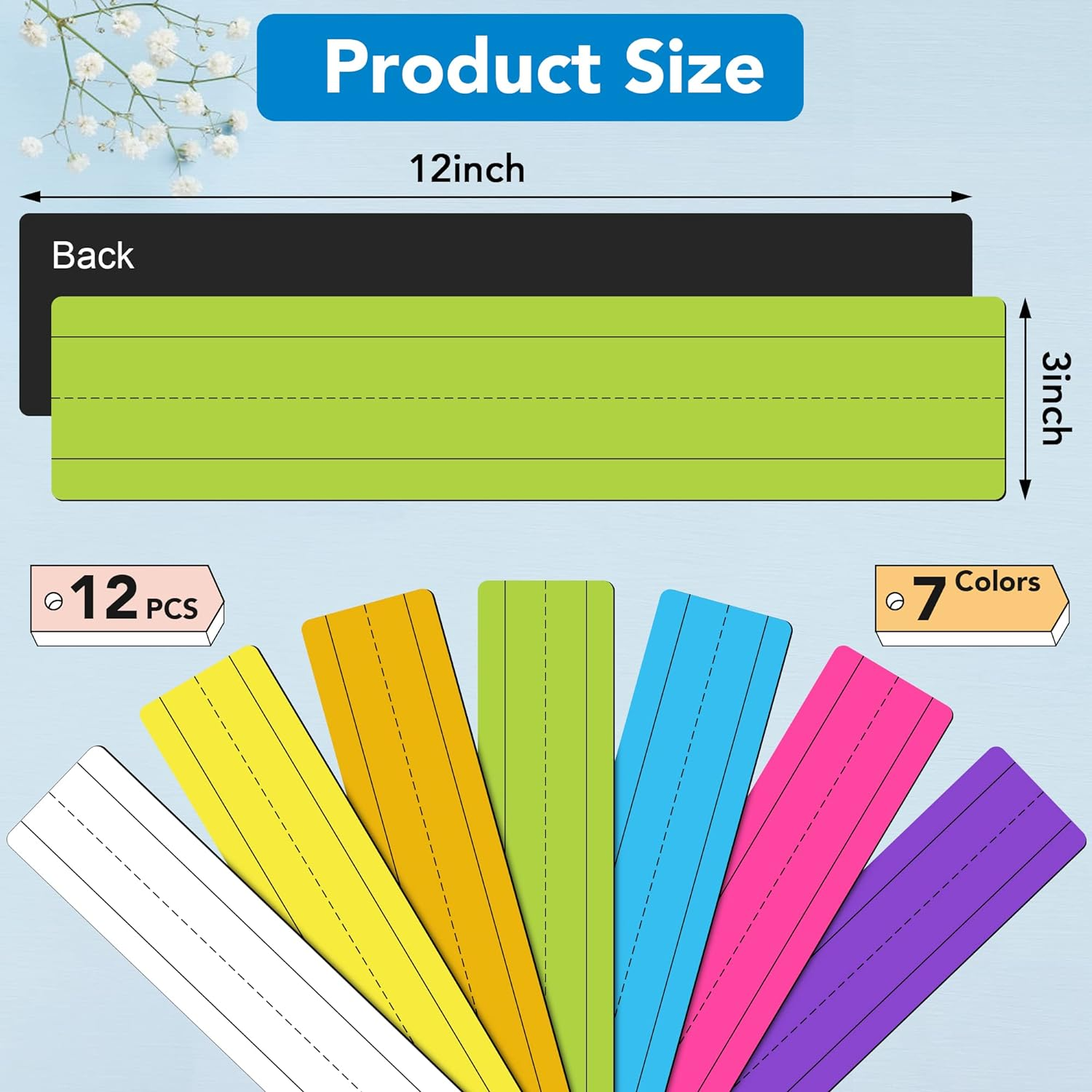 D-Fantix 12 Pack Magnetic Sentence Strips for Teachers, 12 X 3 Inch Magnetic Dry Erase Sentence Strips for Whiteboard, Reusable Teacher Supplies Learning Tools for Classroom Office(6 Colored, 6 White) image number 5