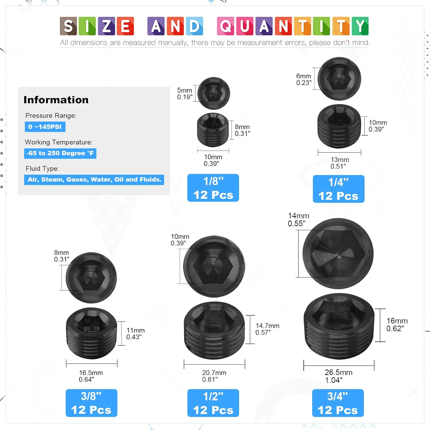 Glarks 60Pcs Carbon Steel 1/8 Inch 1/4 Inch 3/8 Inch 1/2 Inch 3/4 Inch NPT Male Pipe Plug Fitting Assortment Set Internal Hex Thread Socket Pipe Plug Kit image number 2