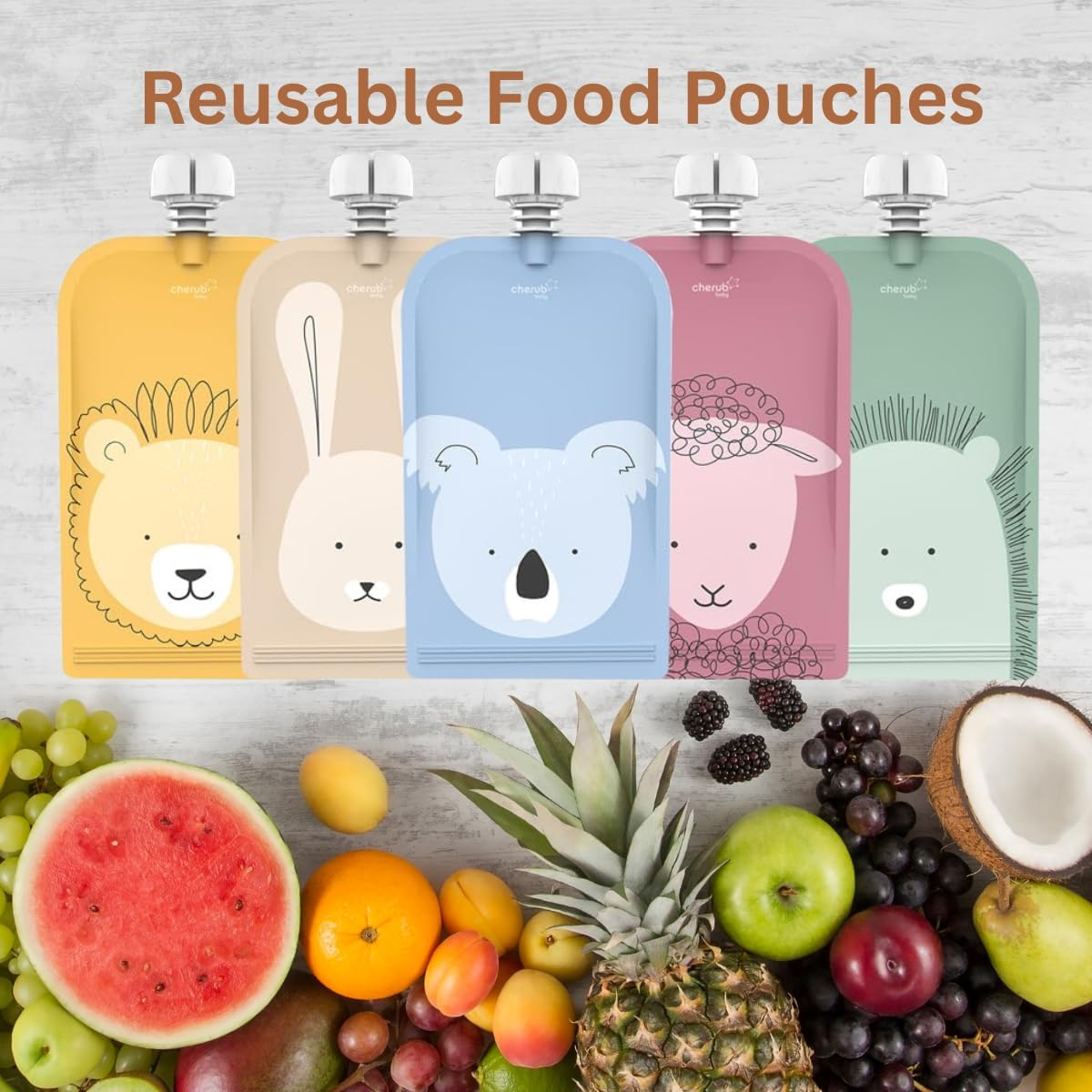 Cherub Baby Refillable Food Pouches 5 Pack 150Ml Leakproof Freezer Safe Bpa-Free Squeeze Bags for Toddler Baby Snacks Reusable Easy Fillable Animal Printed Pouch for Homemade Smoothies Purees Yoghurt image number 2