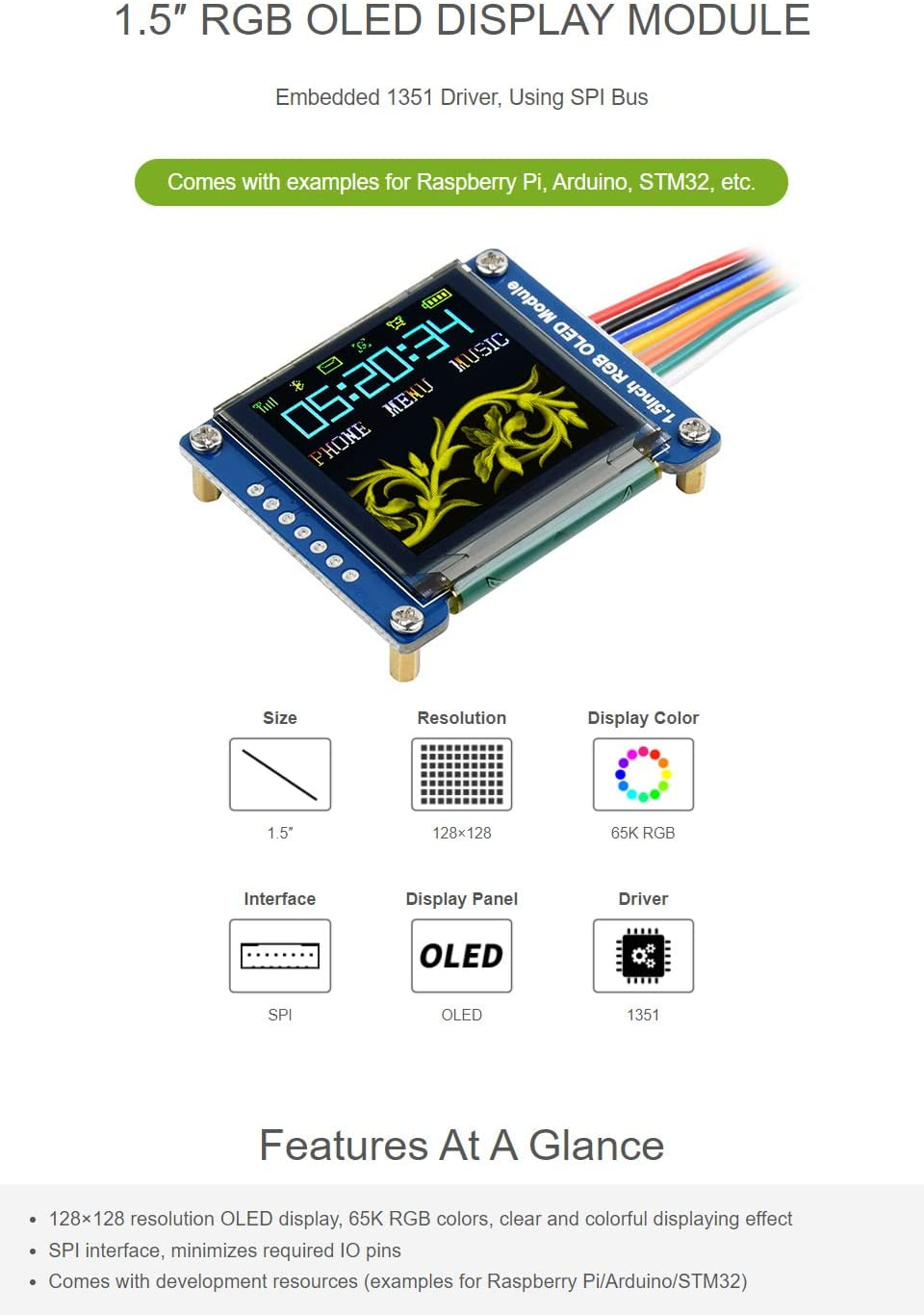 Waveshare 1.5 Inch RGB OLED Display Module 128X128 Pixels 16-Bit High Color 65K Colors Display with Embedded Controller SPI Interface image number 3
