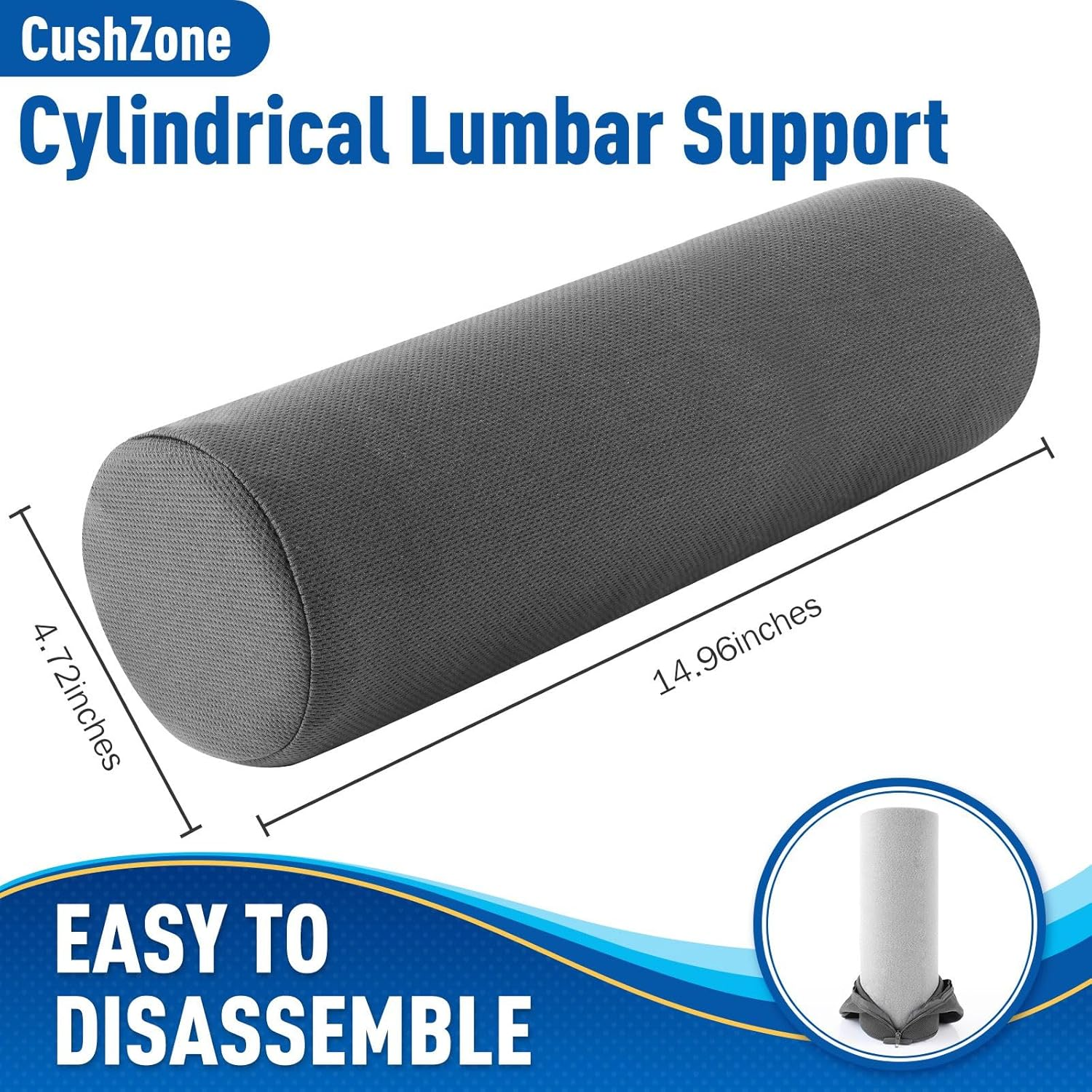 Seat Cushion, Lumbar Roll Support Pillow for Office Chair, Car, Gaming Chair, Memory Foam Back Cushion with Washable Cover for Relieving Back Pain & Improving Posture,Grey image number 3