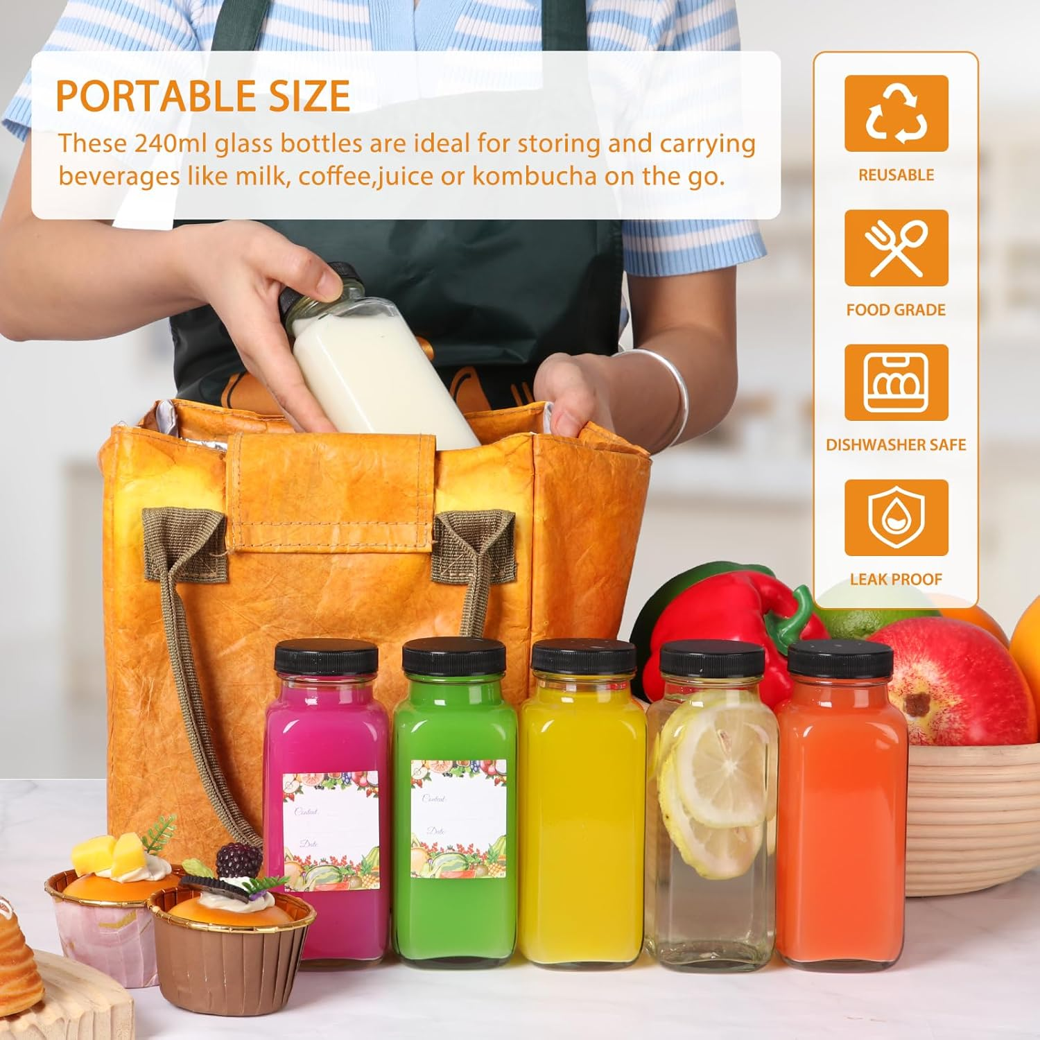 Aurotrends 8 Oz Glass Bottles with Lids 12Pack, 250Ml Glass Bottles for Juicing, Water, Kombucha - Portable Glass Juicing Bottles Reusable Glass 8Oz (8Fl.Oz, Set of 12) - 12Fl.Oz-6Pack image number 4