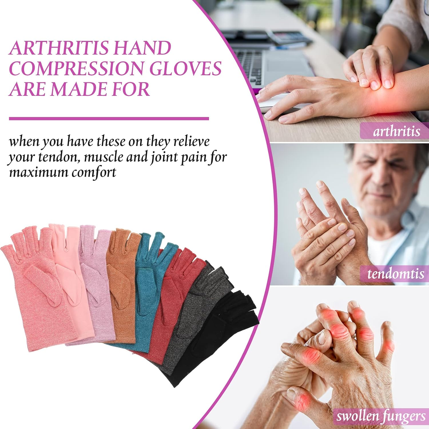 Crowye 8 Pairs Arthritis Compression Gloves Relieve Muscle Pain Fingerless Gloves Bulk Typing Gloves for Women Men image number 3