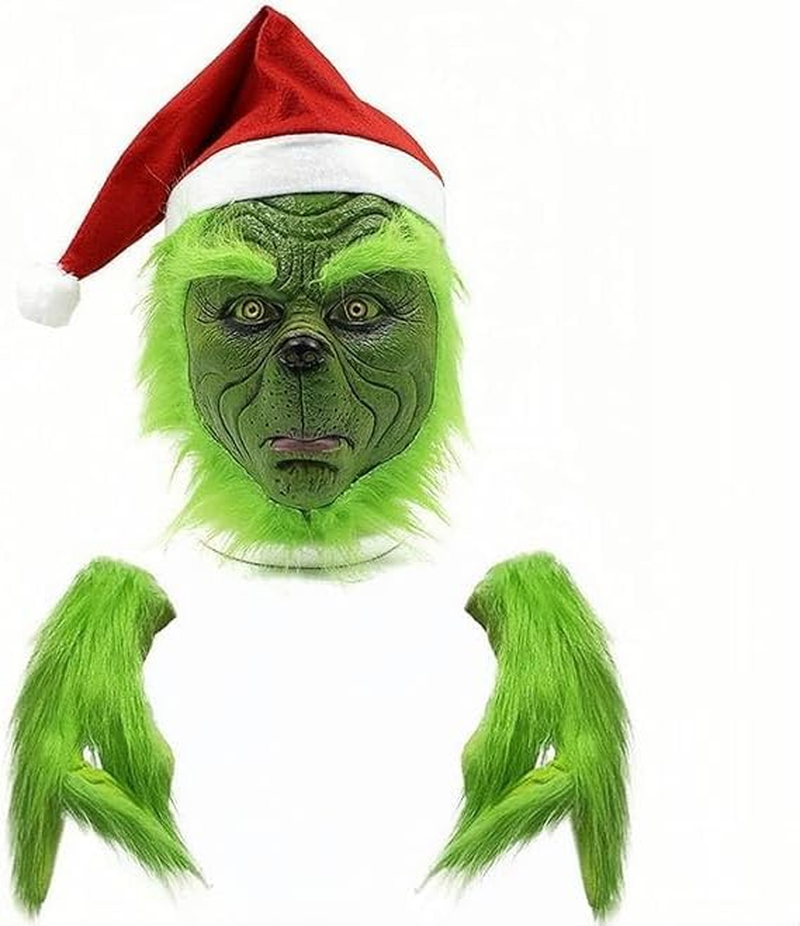 Christmas Grinch Mask, HFAN Grinch Decorations, Christmas Mask and Gloves with Red Hat Anime Cosplay, Grinch Costume for Halloween Xmas Funny Carnival Party Full Face Latex Helmet Costume Props image number 4