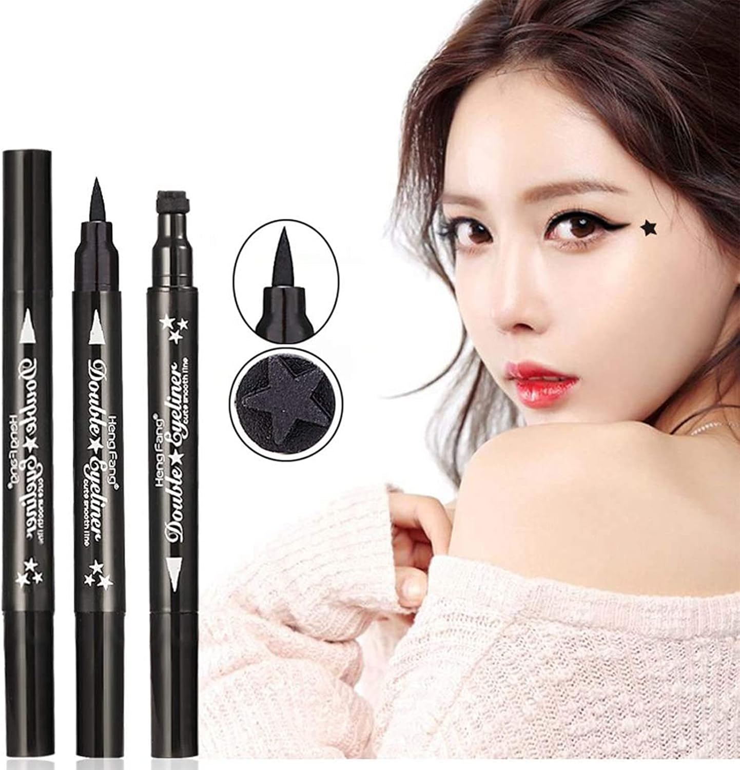 Yuccer Pack of 4 Liquid Eyeliner Stamps Waterproof Black Eyeliner Liquid Eye Liner Eye Makeup (Star+Moon+Heart+Flower) image number 1