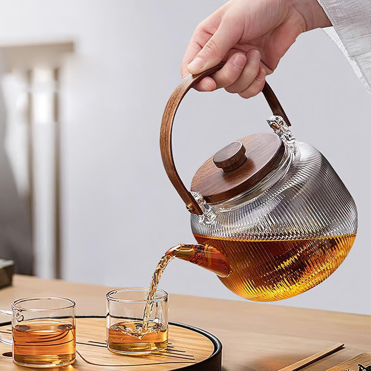 Borosilicate Clear Tea Pot, 1000Ml (33.8Oz) Glass Teapot Kettle with 2 Type Removable Infuser and Wooden Lid, Gas & Electric Stovetop Safe, for Blooming Flower Tea and Loose Leaf Tea - Brown image number 3