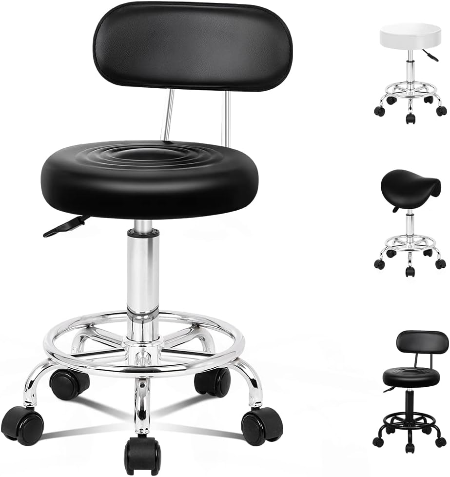 ALFORDSON Salon Stool round Swivel Drafting Rolling Stools in 47.5-62Cm Height Adjustable PU Leather Spa Stool with Footrest Wheels Backrest Hair Dress Barber Chair for SPA Massage (Declan All Black)