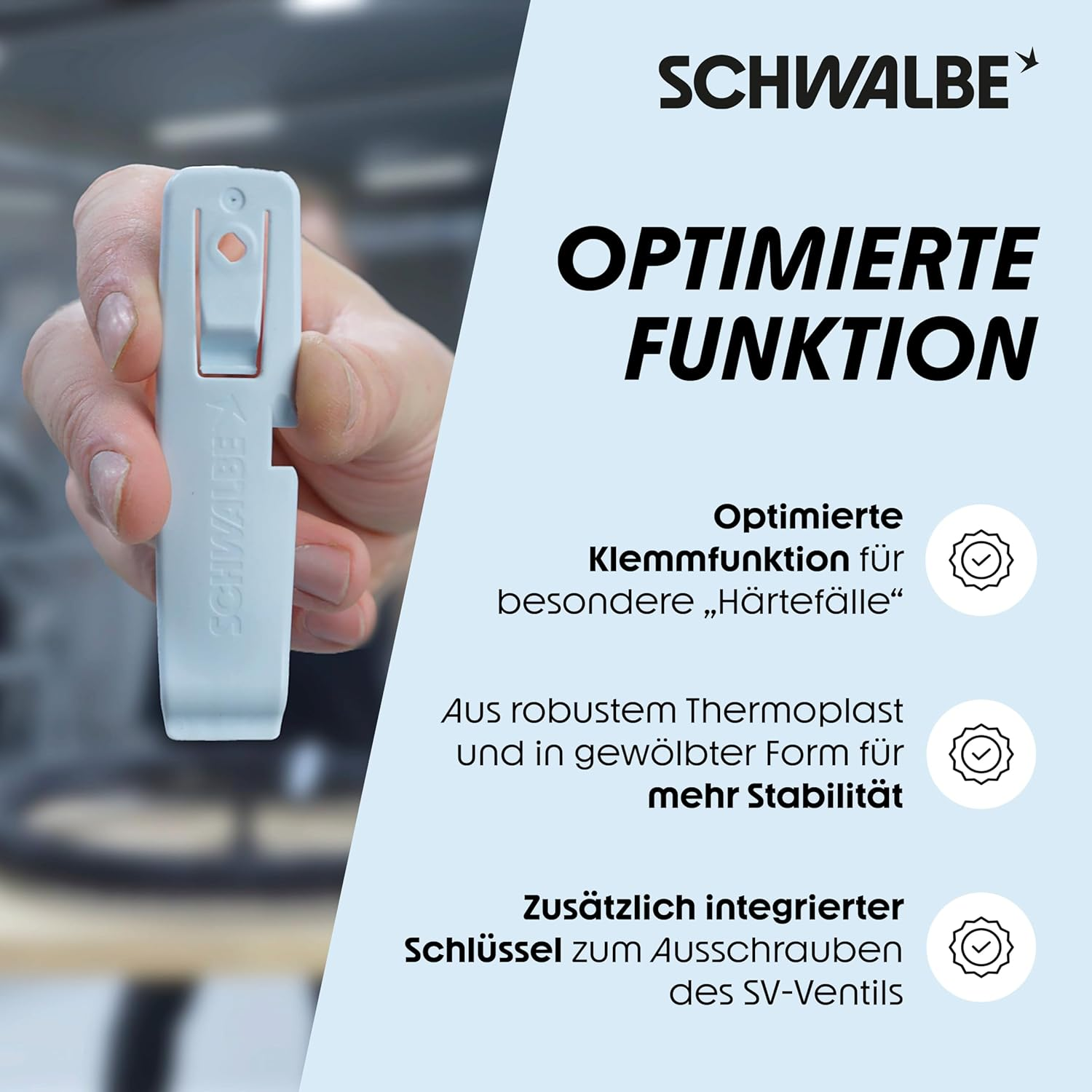 Schwalbe Reifenheber Fahrrad - 3Er Set Fahrrad Reifenheber &ndash; 3In1 Fahrrad Werkzeug, Montierhebel Mit Integrierter Klemmfunktion Und SV Ventilschl&uuml;ssel image number 4