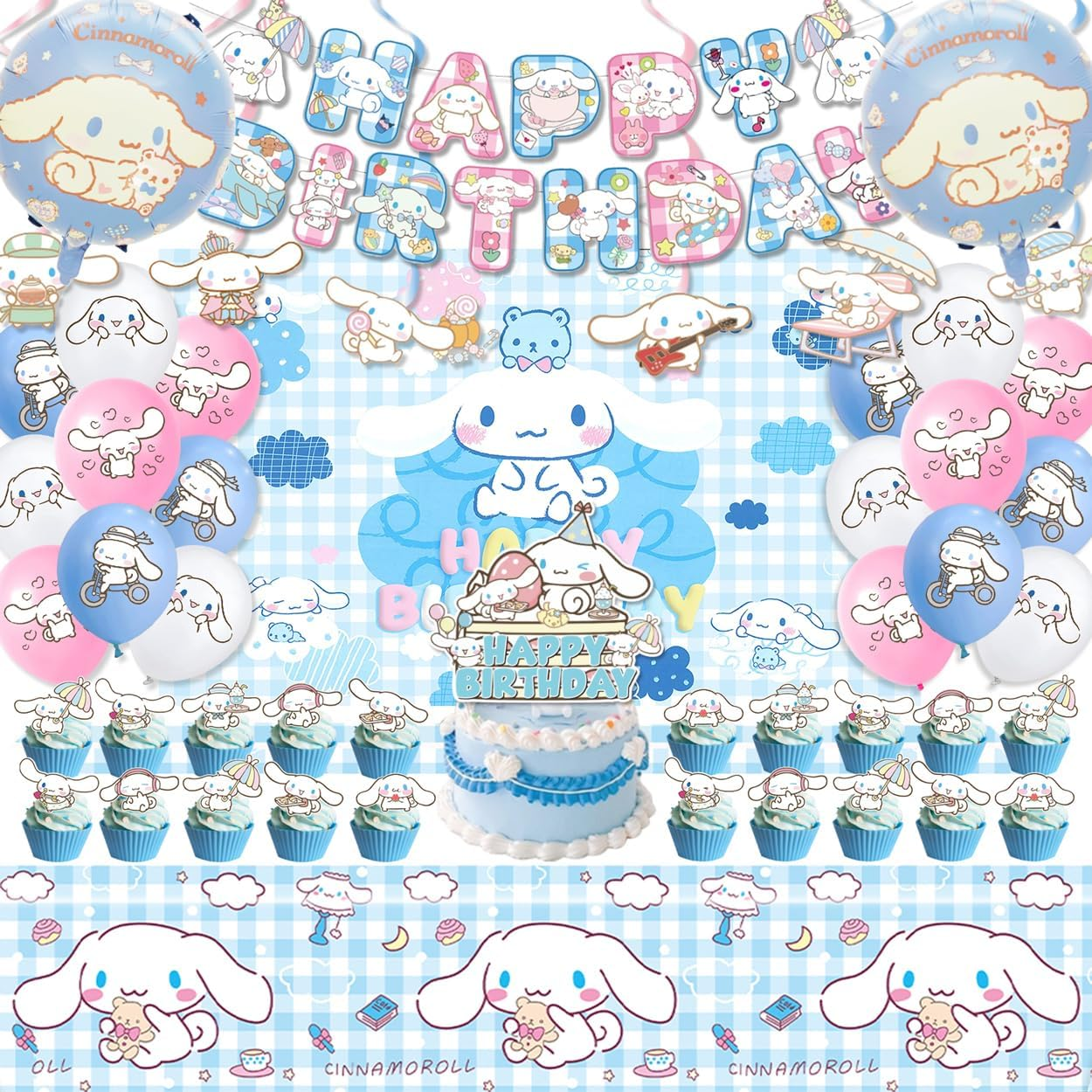 Cinnamoroll Birthday Decorations, Party Supplies Set Include Banner, Backdrop, Balloons, Hanging Swirls, Cake Cupcake Toppers, Tablecloth for Kids Cinnamoroll Theme Party image number 3