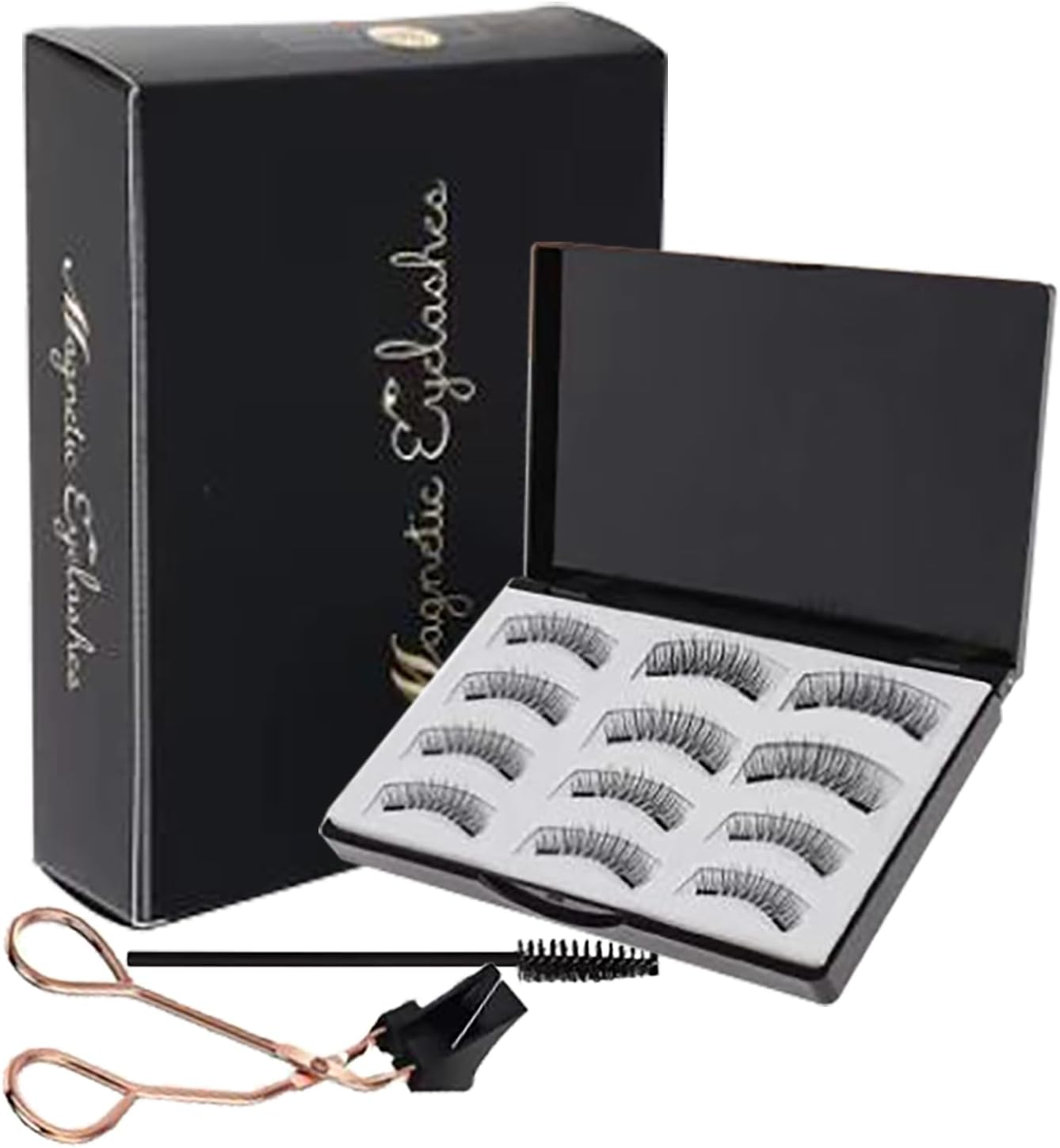 Magnetic Eyelashes, Joyeee Dual Magnetic False Eyelashes Fake Eye Lashes Black Curly Wispy Thick Fluffy Reusable with Applicator No Need Glue 3D Look Eye Makeup for Girls Teen Women Starter Gift Kit