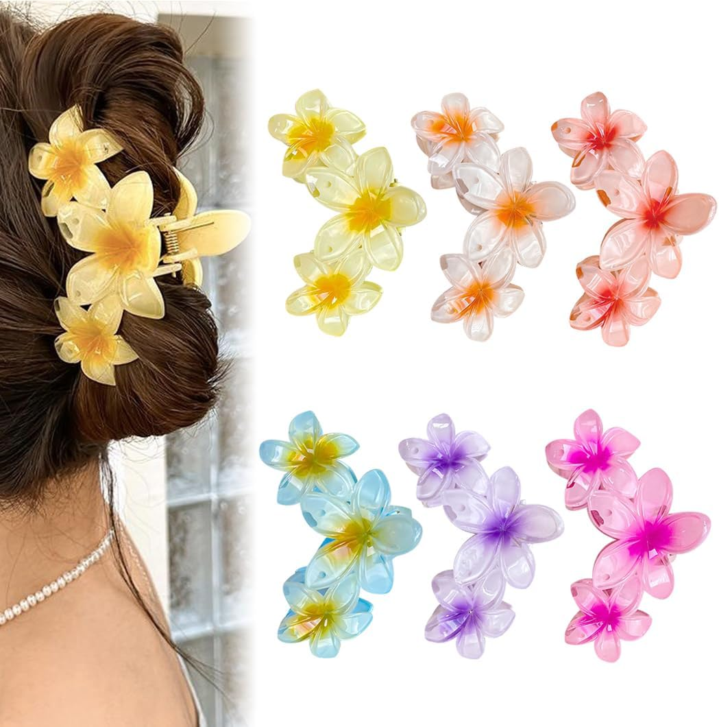 Youery Pack of 6 Flower Hair Clips, Flower Hair Clips, Cute Acrylic Hair Clips, Colourful Hair Clips, Non-Slip Hair Clips for Women, Large Hair Clip for Thick Hair, Hawaiian Hair Clip image number 6