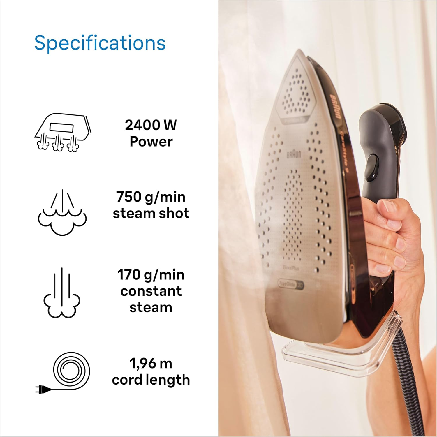 Braun Carestyle 9 IS9095BK, Steam Generator Iron with Freeglide 3D Technology, Imode OLED, Auto Steam Technology, Turbo Mode, Vertical Ironing, Autoclean, Detachable 2L Water Tank, 2400W, Black image number 2
