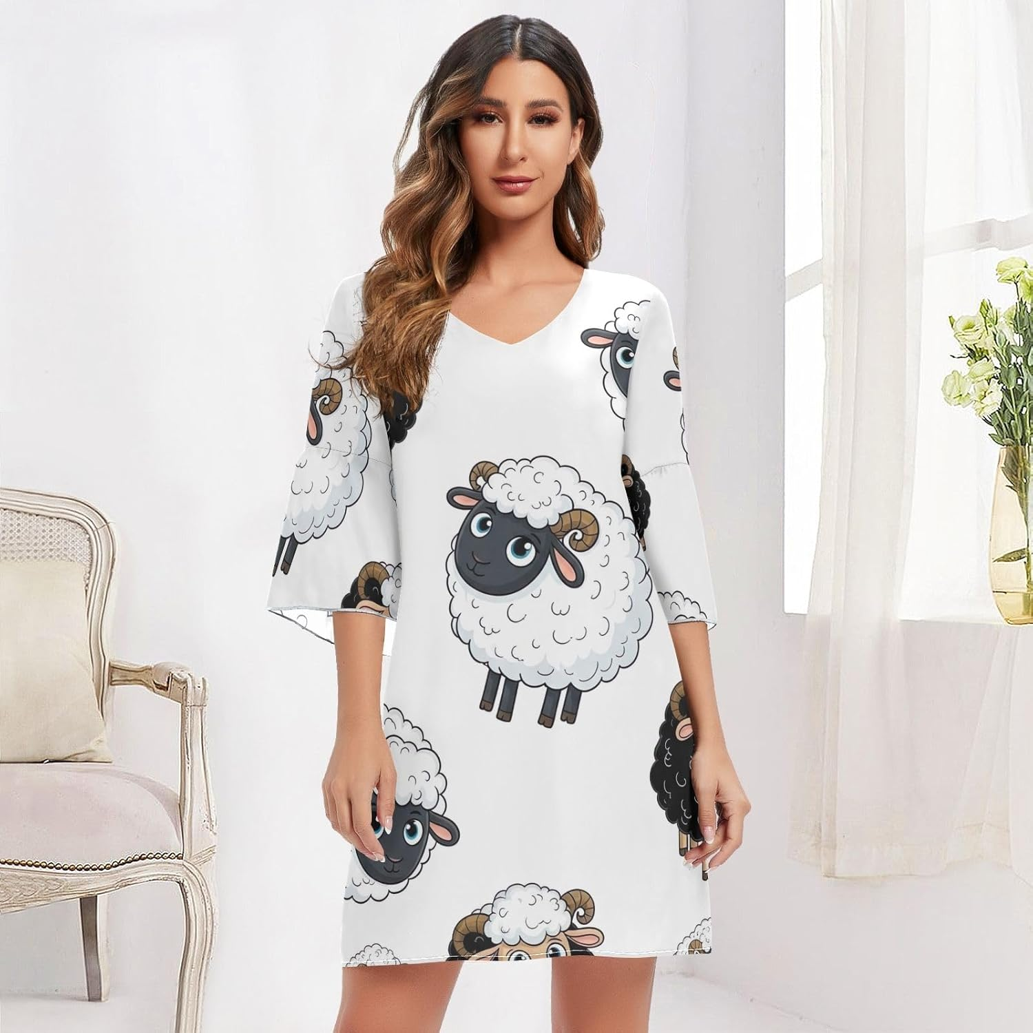 Cute Cartoon Sheep Casual V Neck Dress Printed Line Maternity Dress S-XXL image number 2