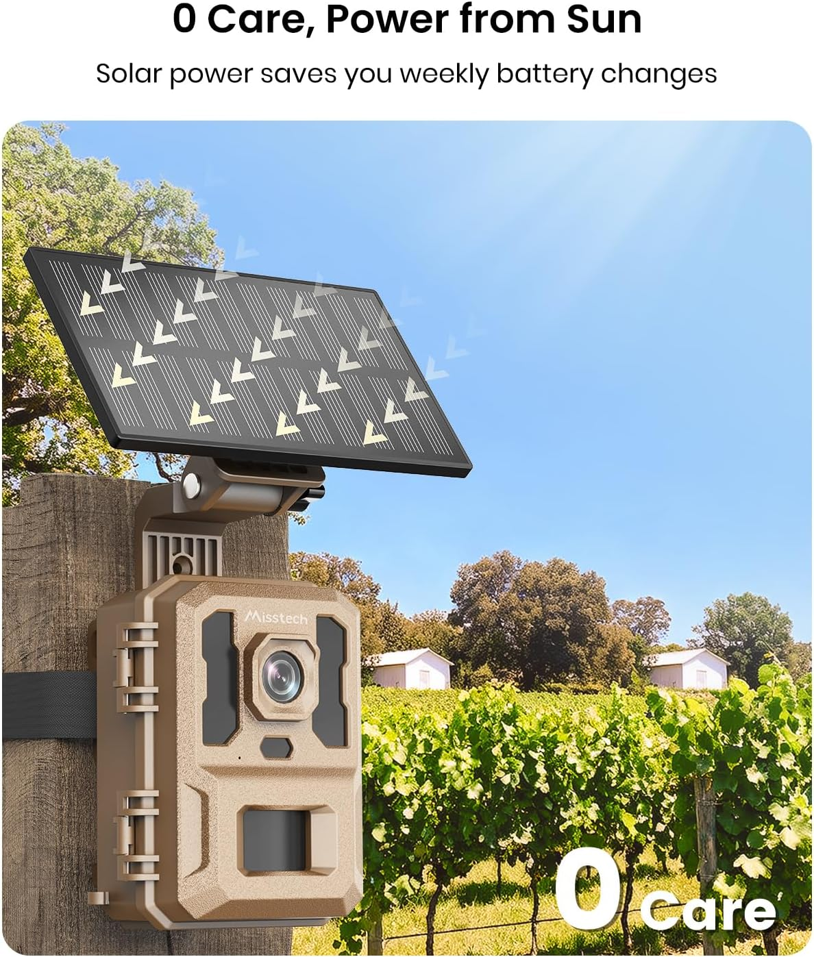 Misstech 4K UHD Solar Trail Camera &ndash; 0.1S Motion Trigger to Capture Fast Animals, Wildlife Monitoring & Game, 64MP/4K Clear Night Vision, No Monthly Fee, App Control, IP66, with 32GB SD Card image number 1