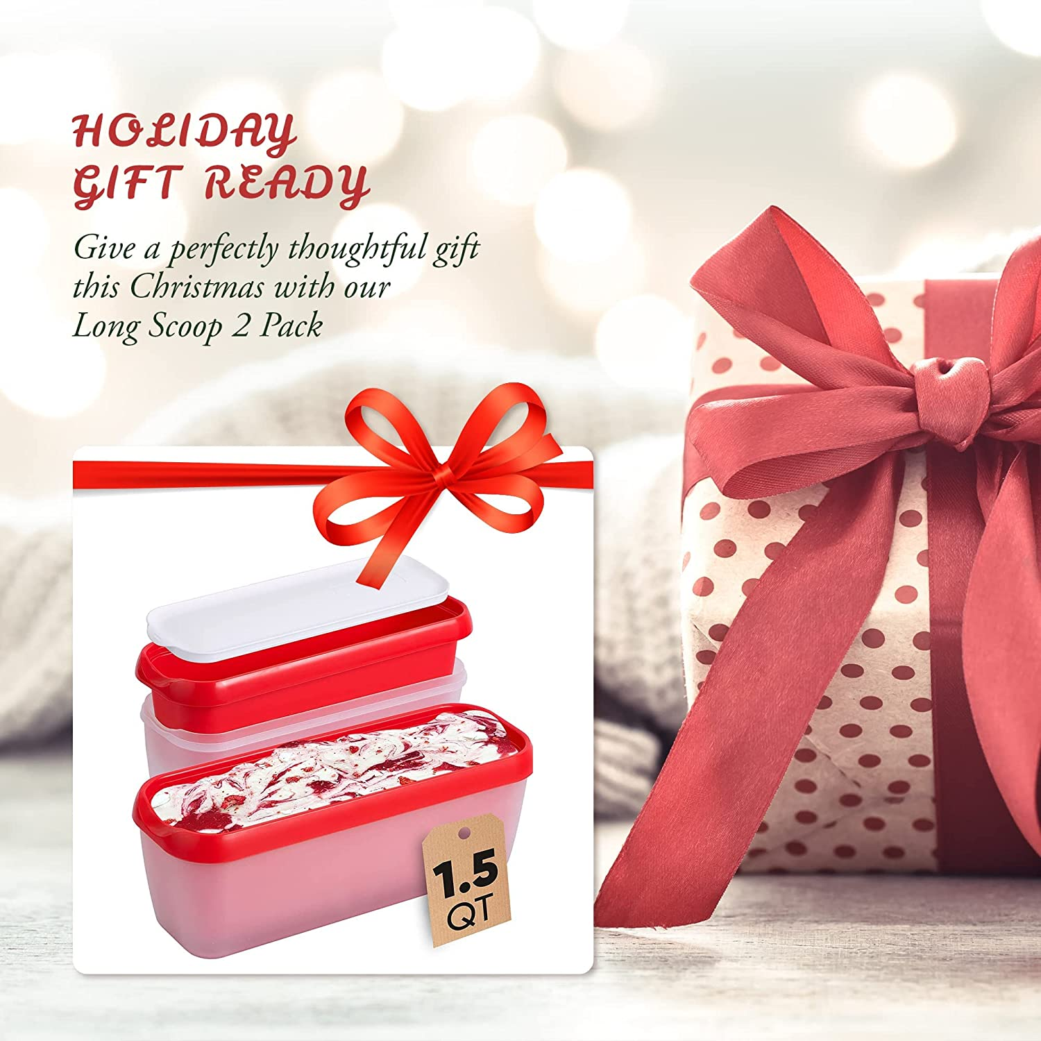 2 Pack Ice Cream Containers with Lids, 1.5 Quarts Reusable Homemade Long Ice Cream Tubs, Freezer Storage Container Perfect for Sorbet, Frozen Yogurt and Gelato, Red image number 4