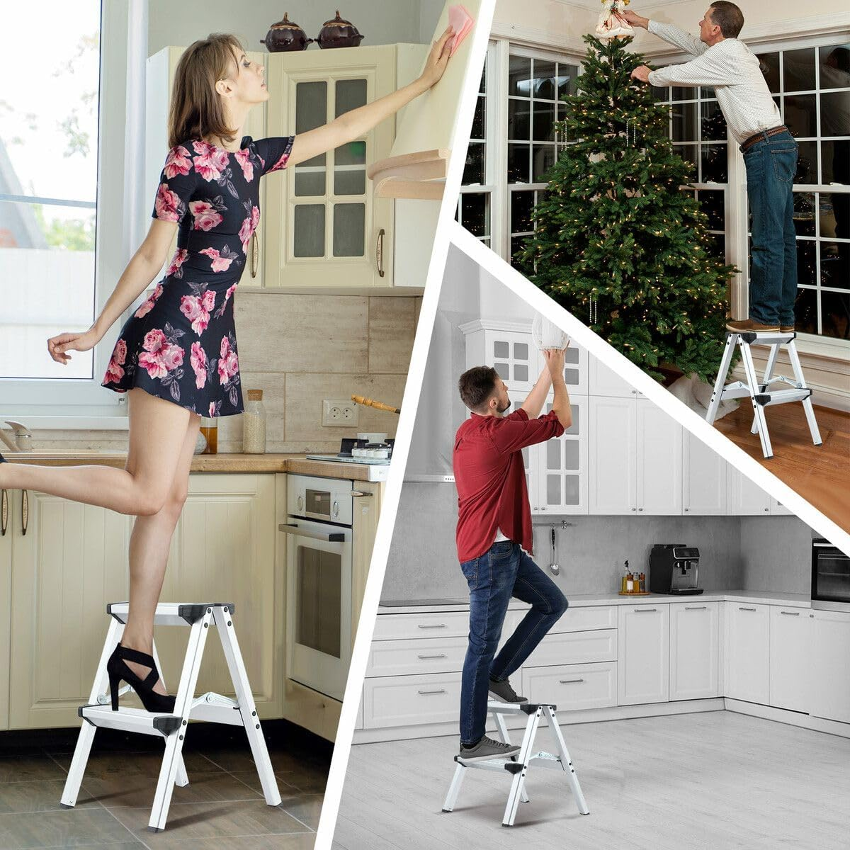 AUSWAY 2 Step Folding Ladder Aluminium Collapsible Stool Foldable Portable Stairs Lightweight Household Warehouse Stepladder image number 1