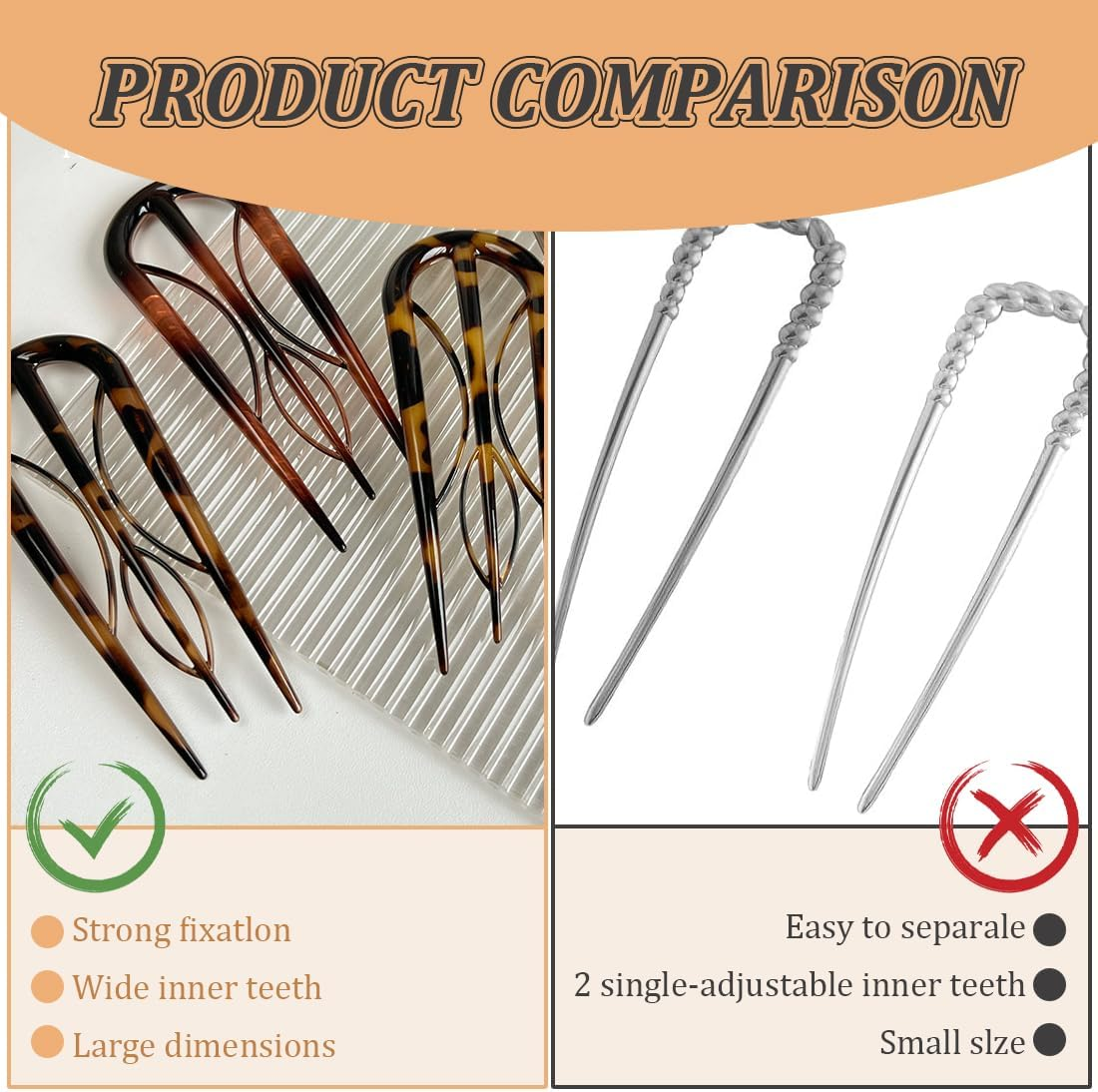 Pack of 4 U-Shaped Hair Pins, French Hair Clips, Large Resin, Double Insert, U-Shaped Hair Clips, Vintage Hairpin Clip image number 1