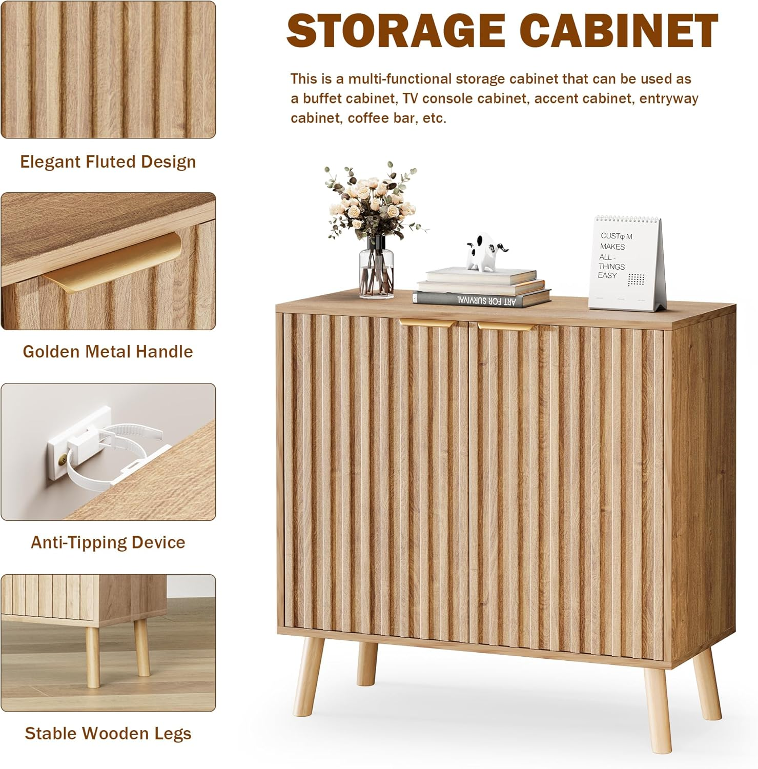 Patiopia Fluted Storage Cabinet, Buffet Cabinet with Storage, Sideboard Buffet, Multifunctional Credenza, Wood Sideboard with Adjustable Shelves, Natural image number 6