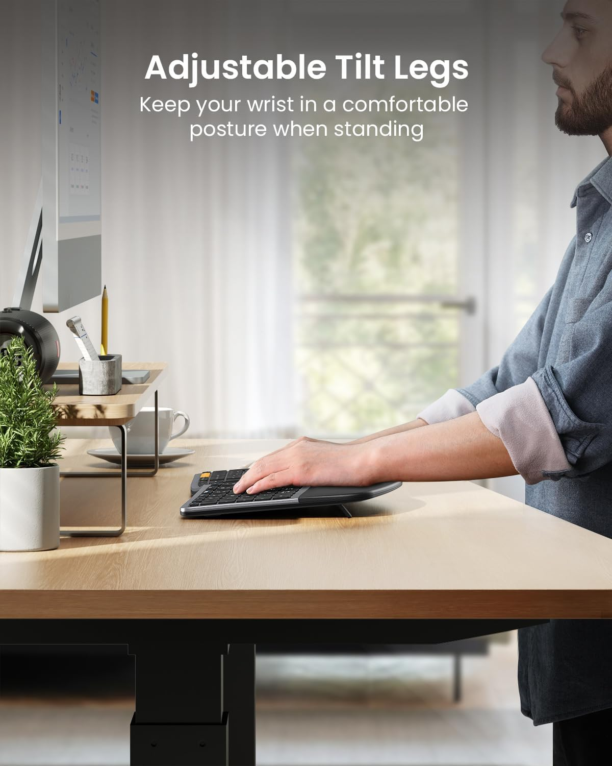 Protoarc Ergonomic Keyboard Mouse, Full Size Wireless Bluetooth Ergo Keyboard Mouse Combo, Cushioned Palm Rest, Split Design, Rechargeable, Compatible for Windows, Mac OS - Gray and Black image number 5