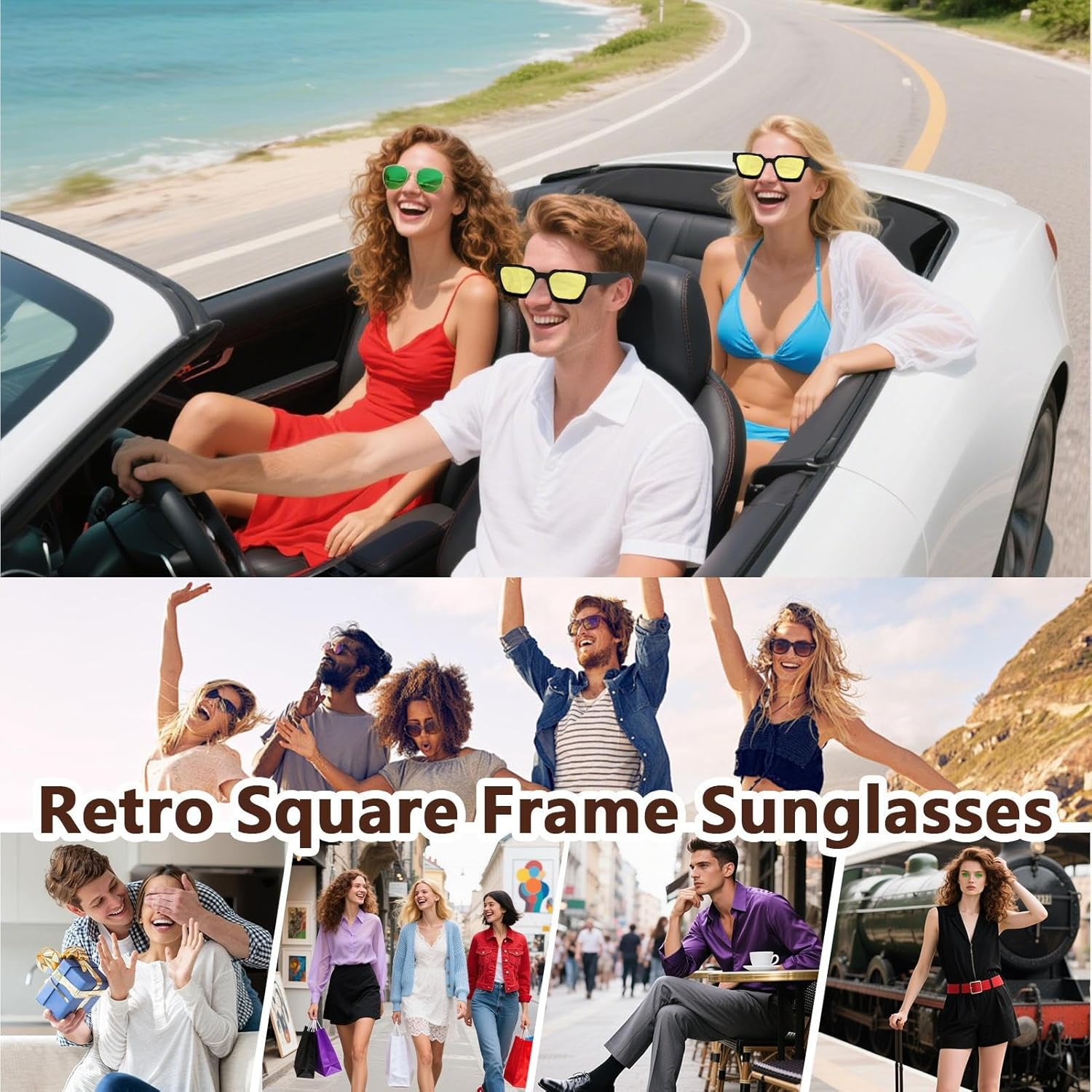 Uoqpty Square Sunglasses, Vintage UV Glasses, Ergonomic UV 400 Square Frame Sunglasses for Vacation, Beach, Driving, Festival, Outdoors - Gray image number 3