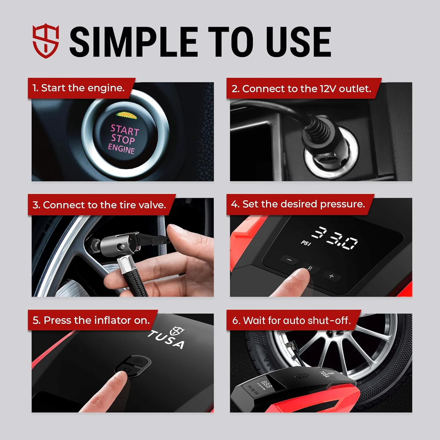 Tusa Digital Tyre Inflator for Car - 12V Dc Portable Air Compressor Pump with Led Light image number 2