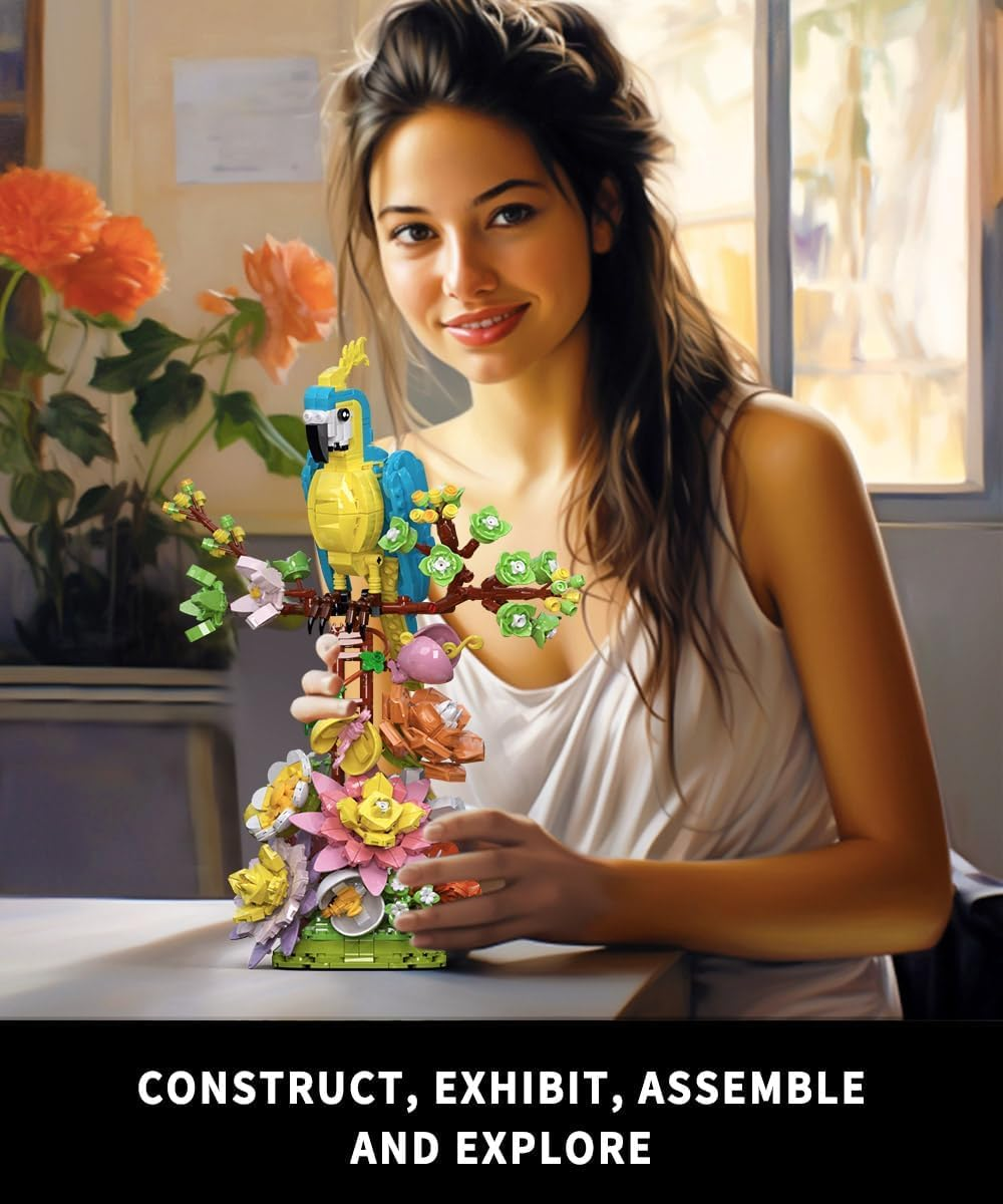 Flowers and Parrot Building Set- 1162Pcs, Compatible with  Flower, Cute Bird and Succulent Botanical Collection Set,Nice Her or Him for Valentines & Mother&rsquo;S Day and Anniversary