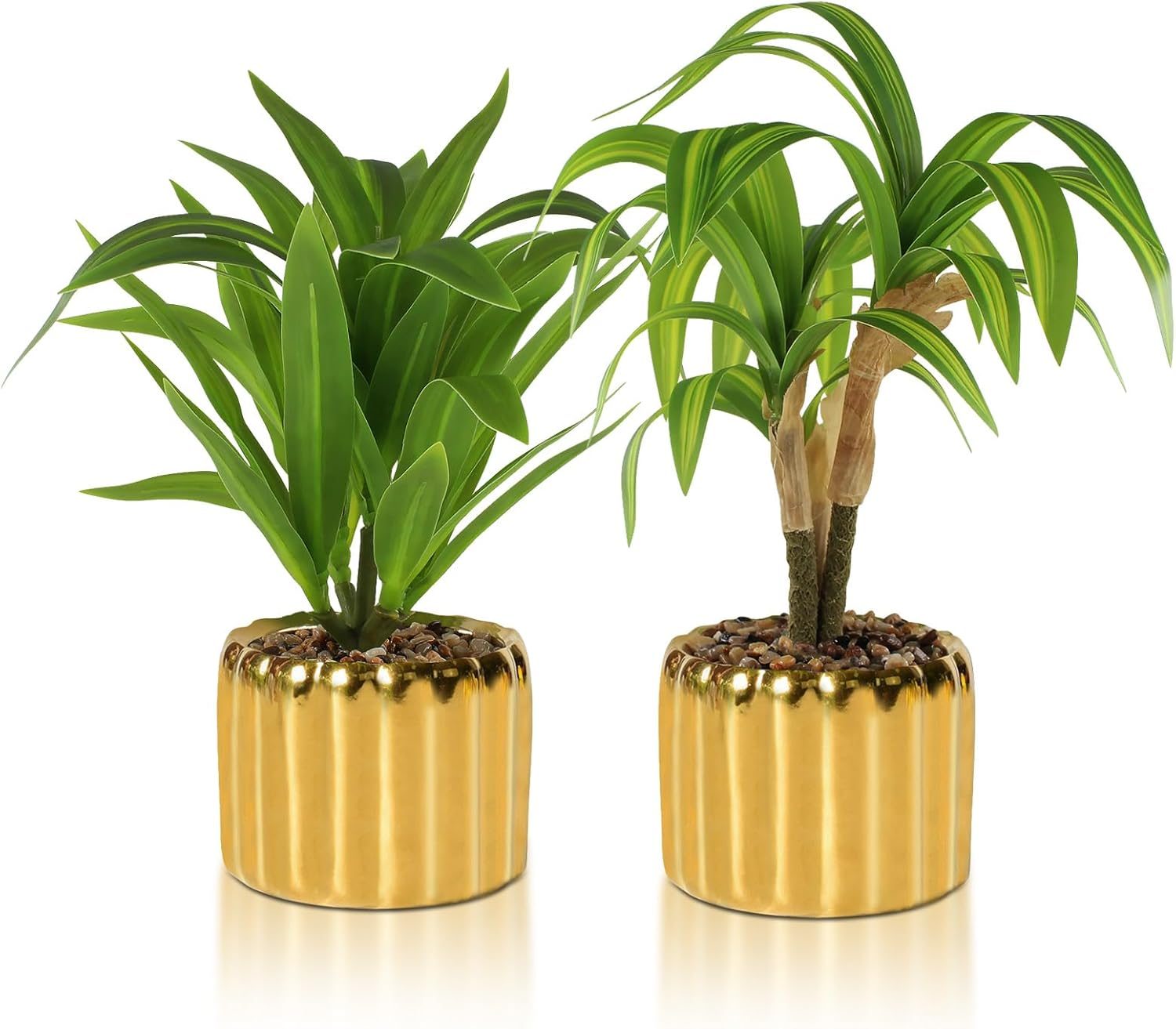 2 Pcs Artificial Dracaena Plant Golden Ceramic Pot Realistic Textured Faux Plants for Indoor Outdoor Fake Greenery Home Office Decor with Lifelike Foliage