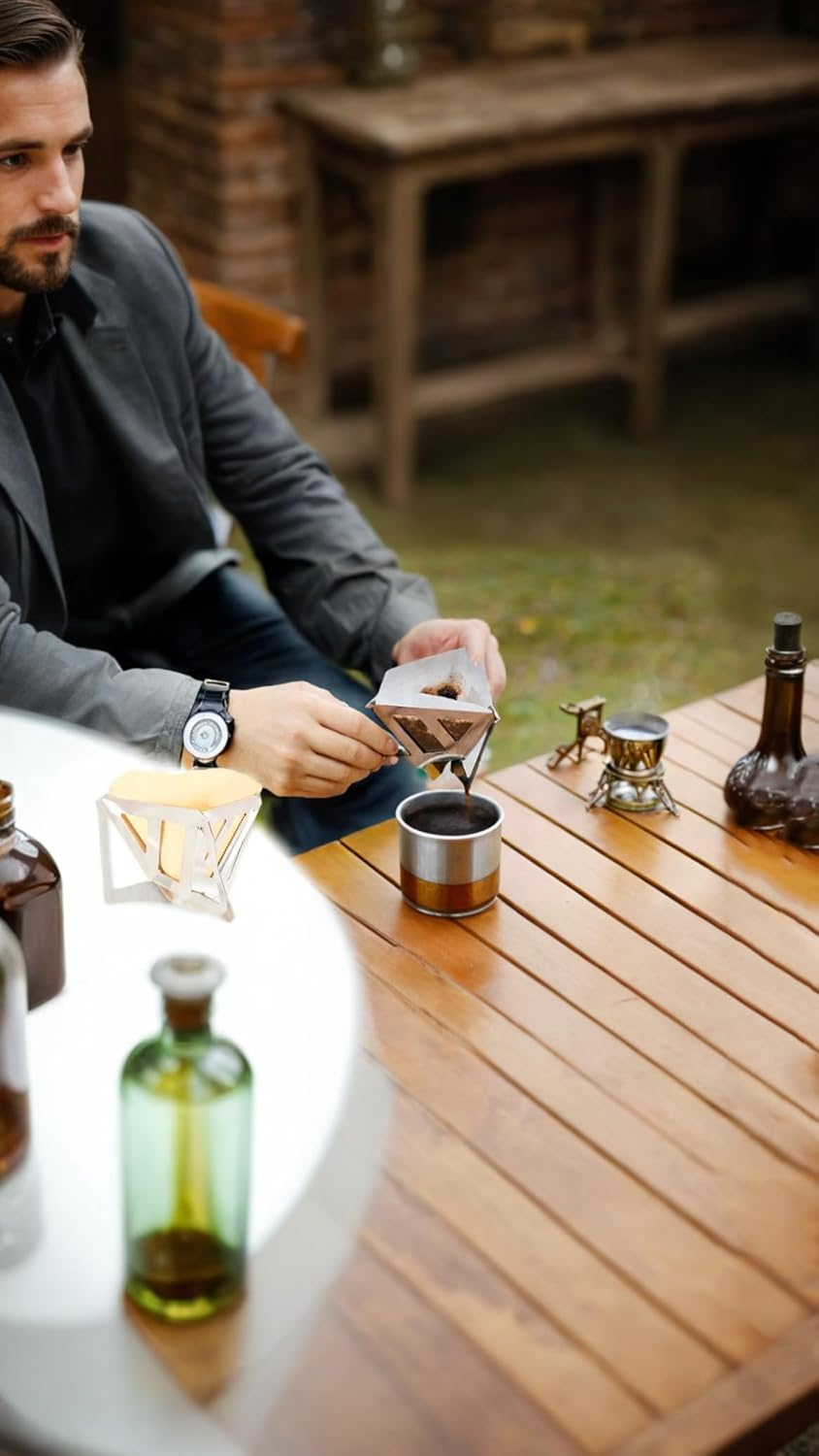 Compact Foldable Coffee Dripper & Stainless Steel V60 Filter Holder - Includes Storage Bag & 40 Filter Papers - for Camping, Travel, Office Use