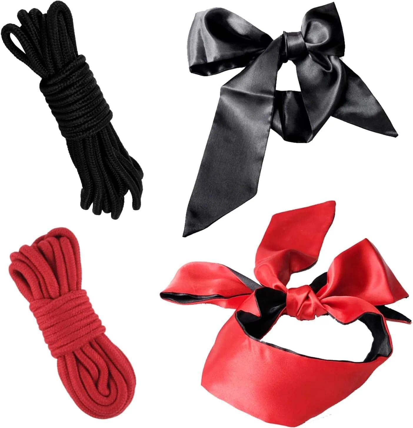 4-Piece Set Soft Cotton Braided Bondage Rope 5 M &times; 8 Mm with 2 Cotton Ropes(Black/Red) and 2 Satin Blindfolds Durable Multipurpose Rope for Sleeping Games&ndash; Ruibex image number 1