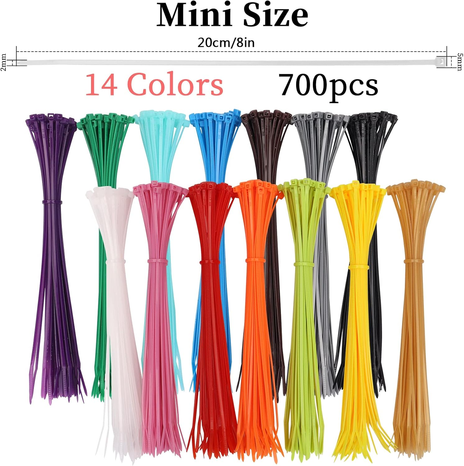 700Pcs Coloured Cable Ties, 2.5Mmx200Mm Zip Ties, 8" Long Nylon Zip Ties, Self-Locking Cable Ties, Heavy Duty Tie Wraps for Home, Office, Garden, Garage, Workshop, 14 Different Colour image number 1