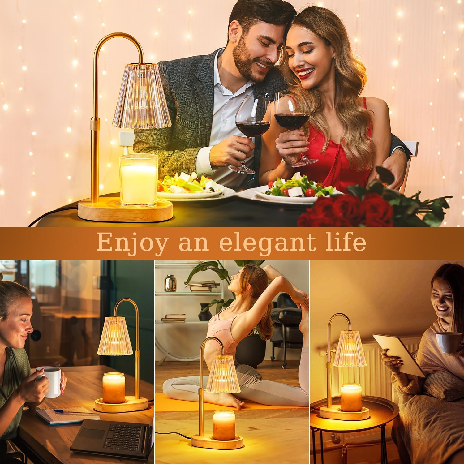 Candle Warmer Lamp with Timer: Electric Candles Wax Warmers Glass Lamps for Jar Candles Burner Adjustable Height and Dimmable Light Modern No Flame Scented Candle Warming Lantern (Amber)
