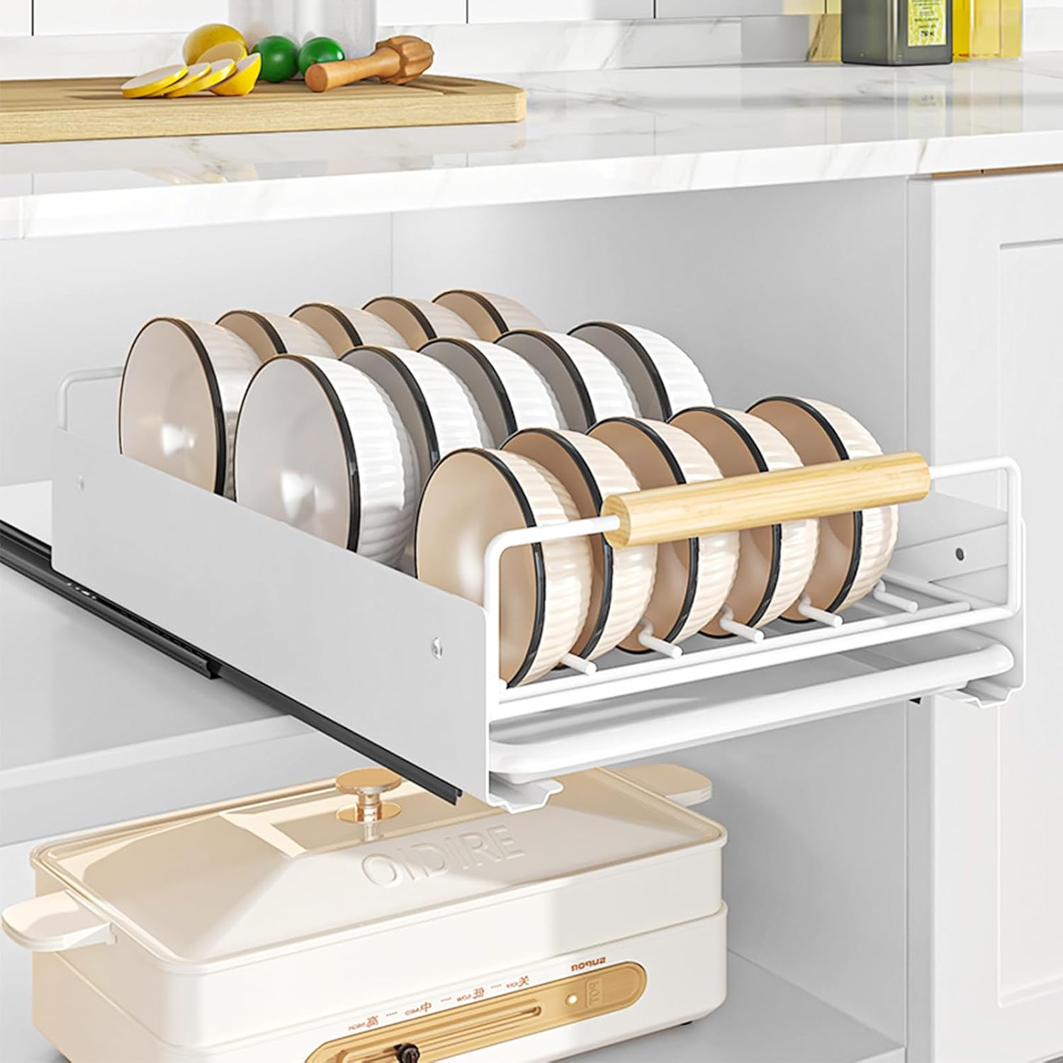 Pull Out Dish Racks Fixed with Adhesive Film, Pull Out Cabinet Organizer, Heavy Duty Slide Out Pantry Drawers for Kitchen Cabinets, Slide Out Drawer Storage Shelves with Handle (Bowl Rack) image number 4